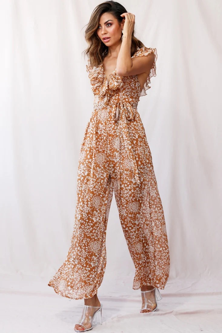 Marcia Ruffle Strap Wide Leg Jumpsuit Tan - Seraphlike