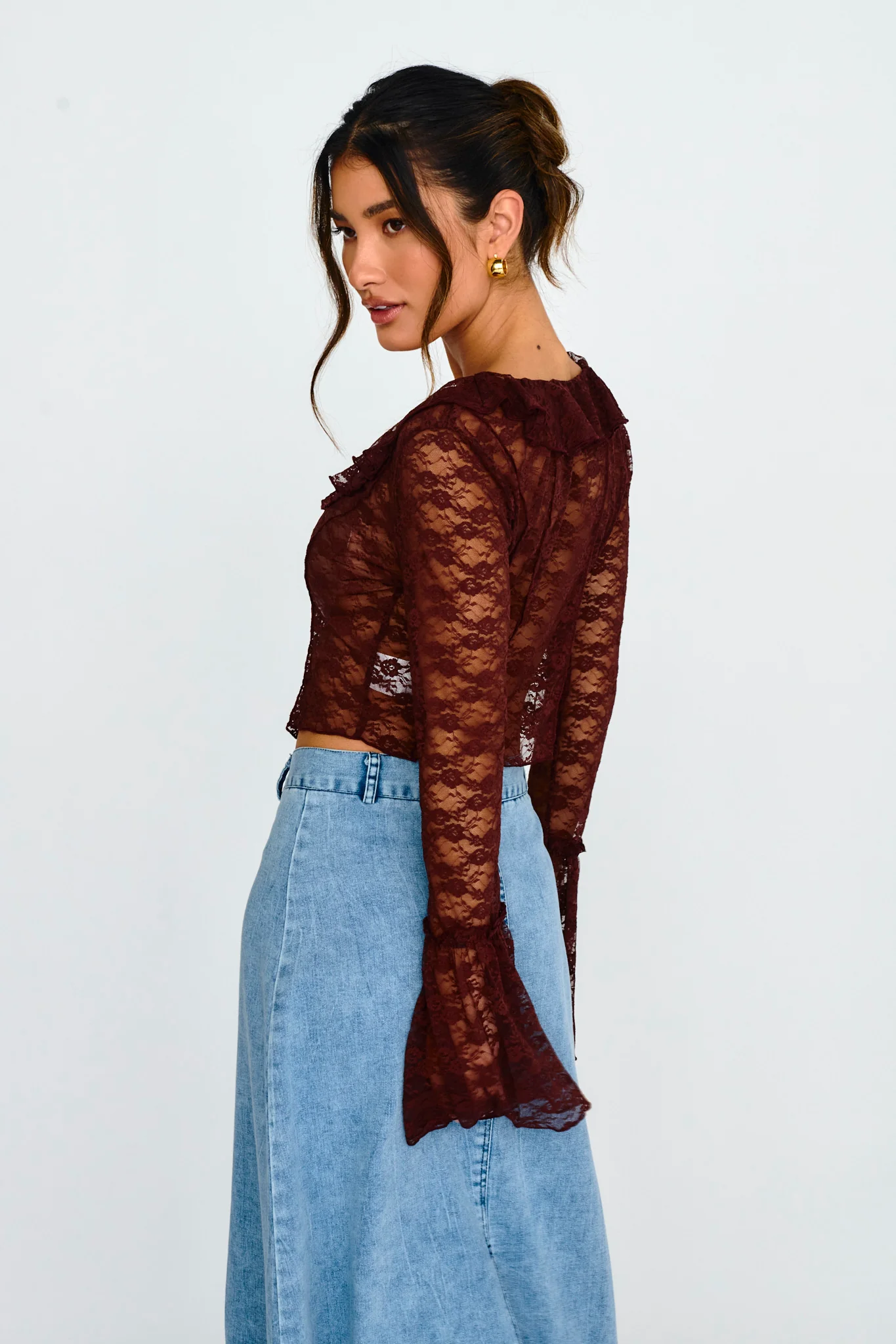 Siren Long Sleeve Tied Lace Top Brown - Seraphlike