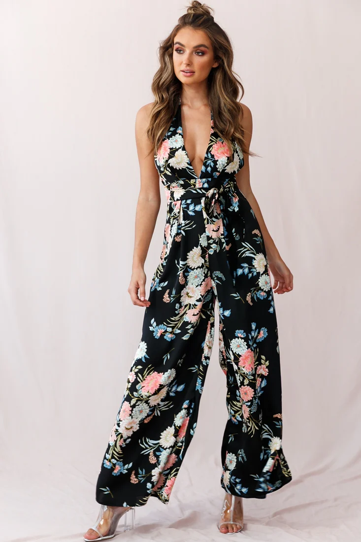 Make Me Halterneck Low Back Jumpsuit Floral Print Black - Seraphlike