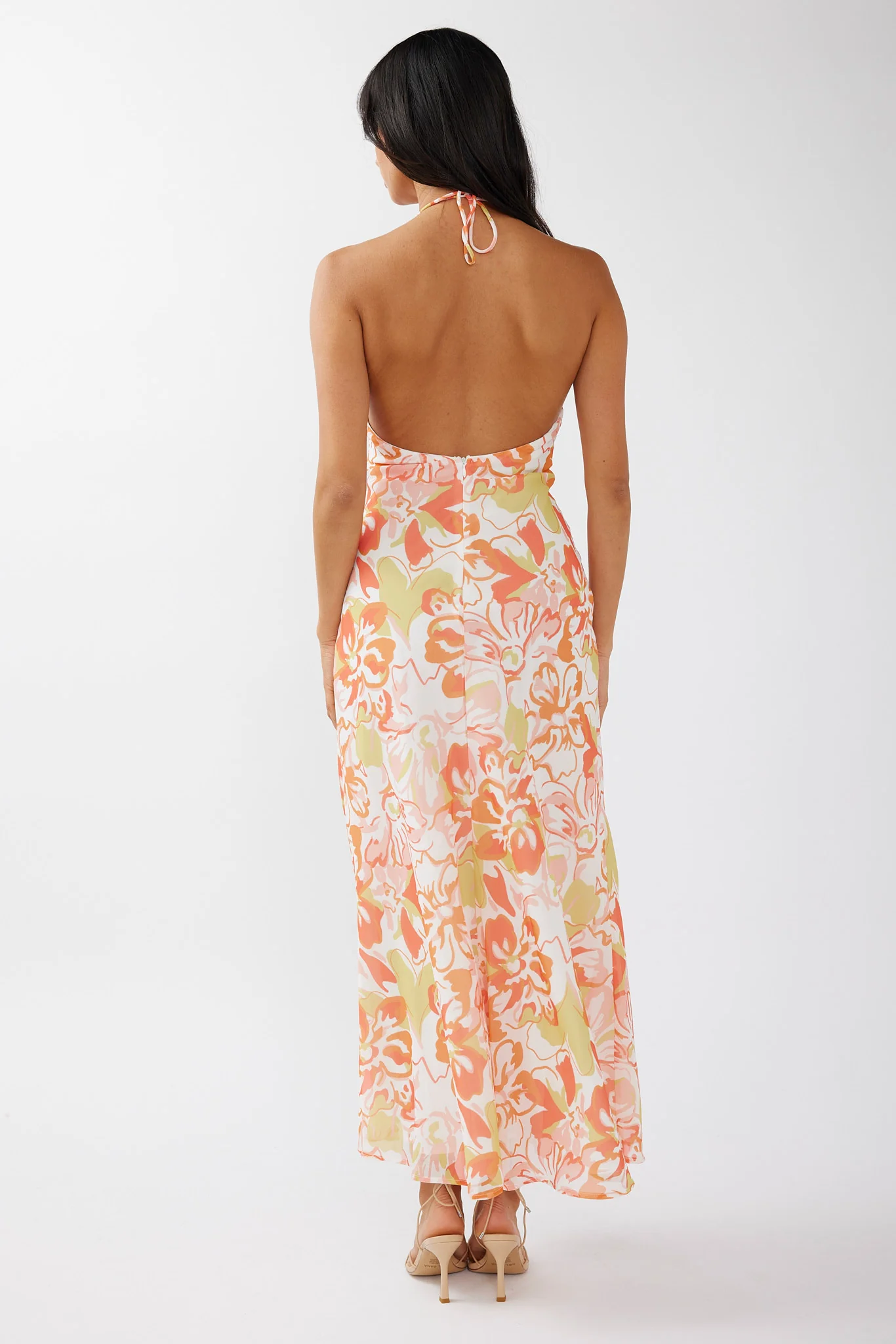 Nirvana Halterneck Split Midi Dress Floral Orange - Seraphlike