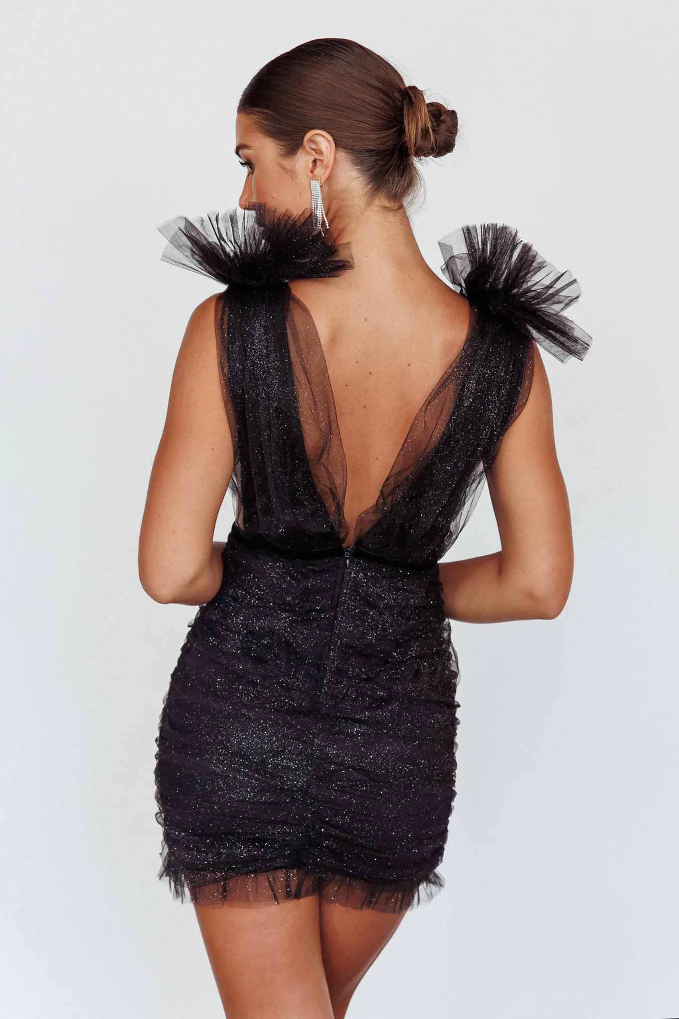 Ludivine Shoulder Accent Mesh Mini Dress Black Glitter - Seraphlike