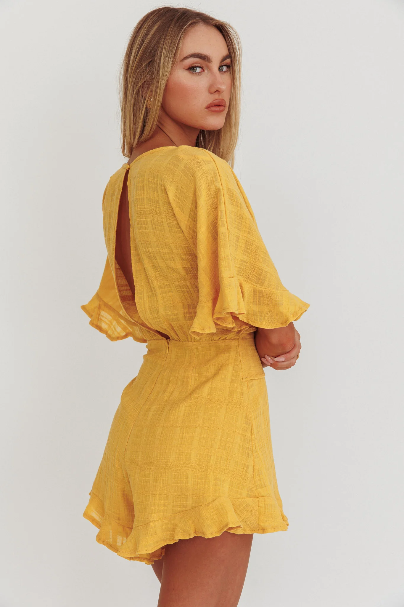 Karin Frill Trim Waist Tie Romper Mustard - Seraphlike