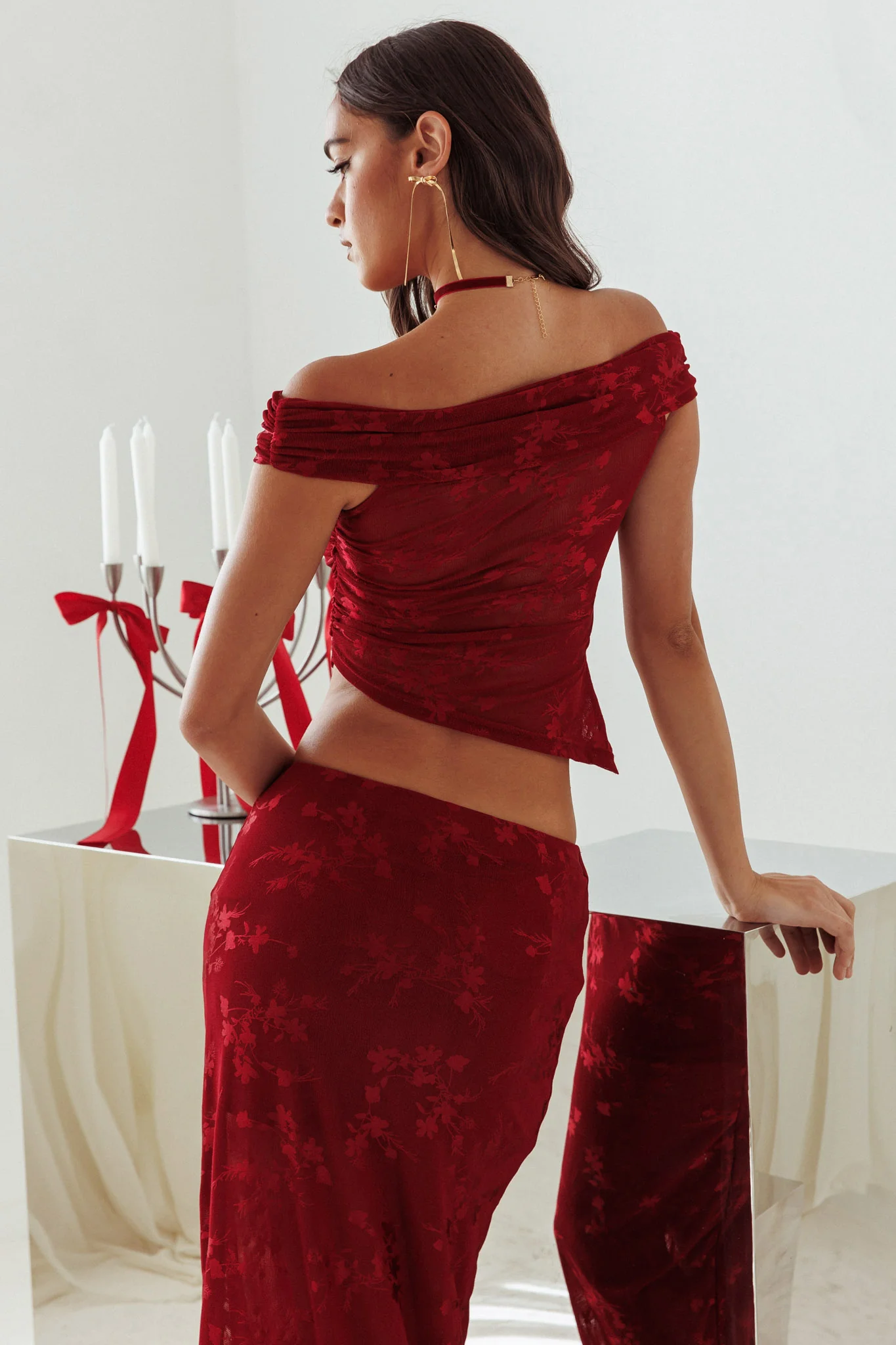 After Party Off-Shoulder Mesh Top Burgundy - Seraphlike