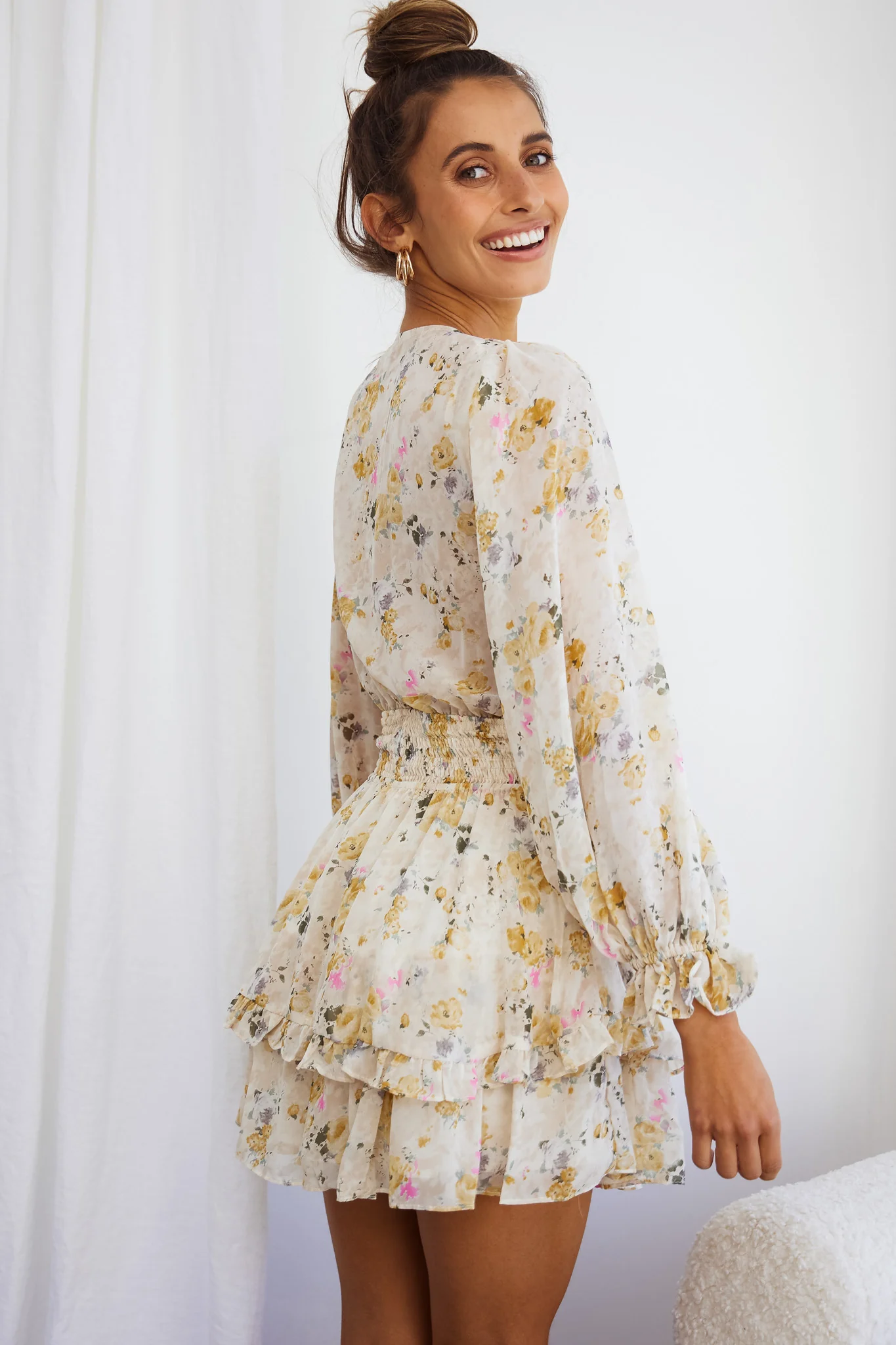 Anthea Bow-Tie Front Layered Frill Dress Vintage Floral Print Beige - Seraphlike