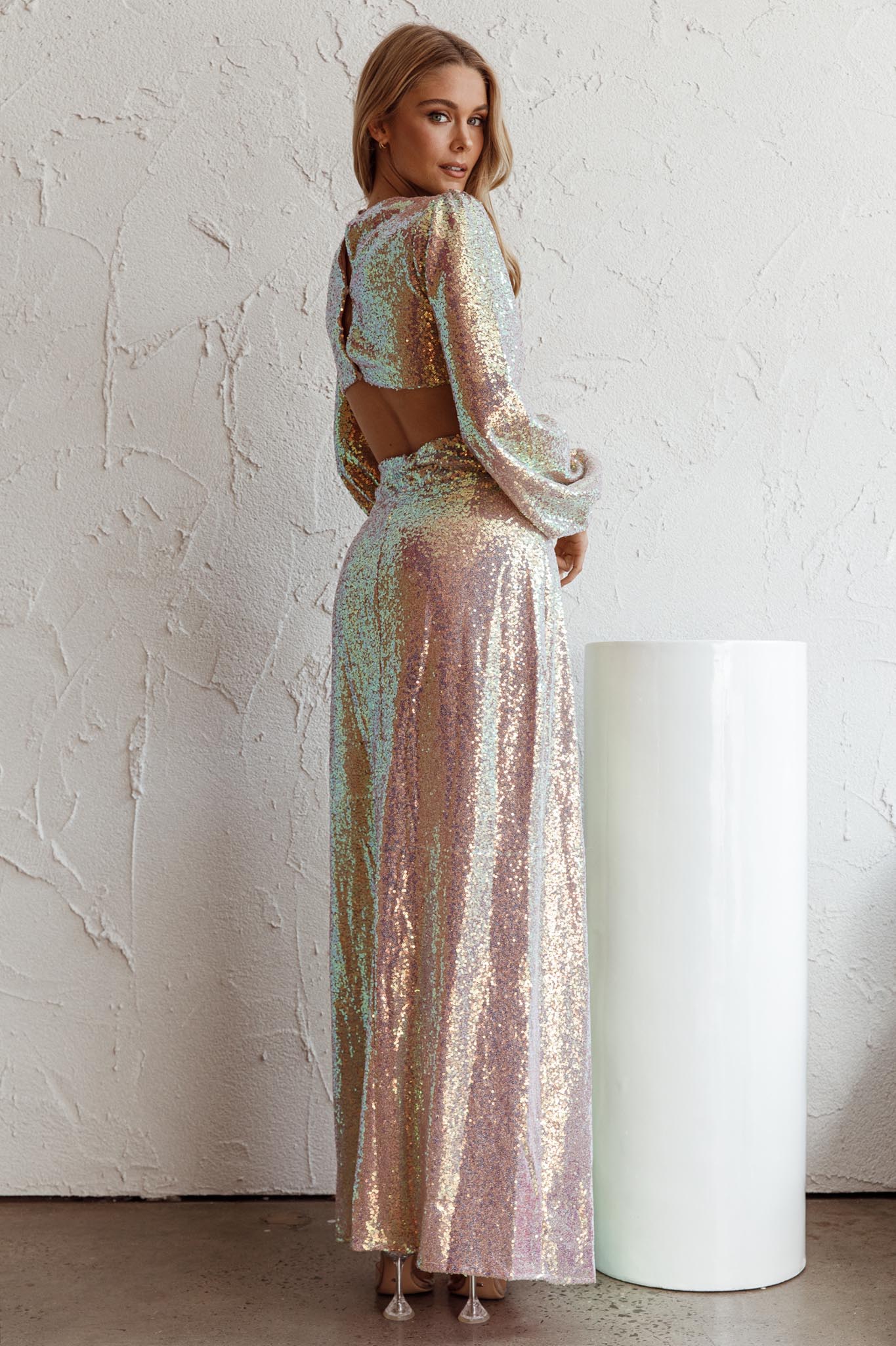 Inna Long Sleeve Cut-Out Maxi Dress Sequin Rose Gold - Seraphlike
