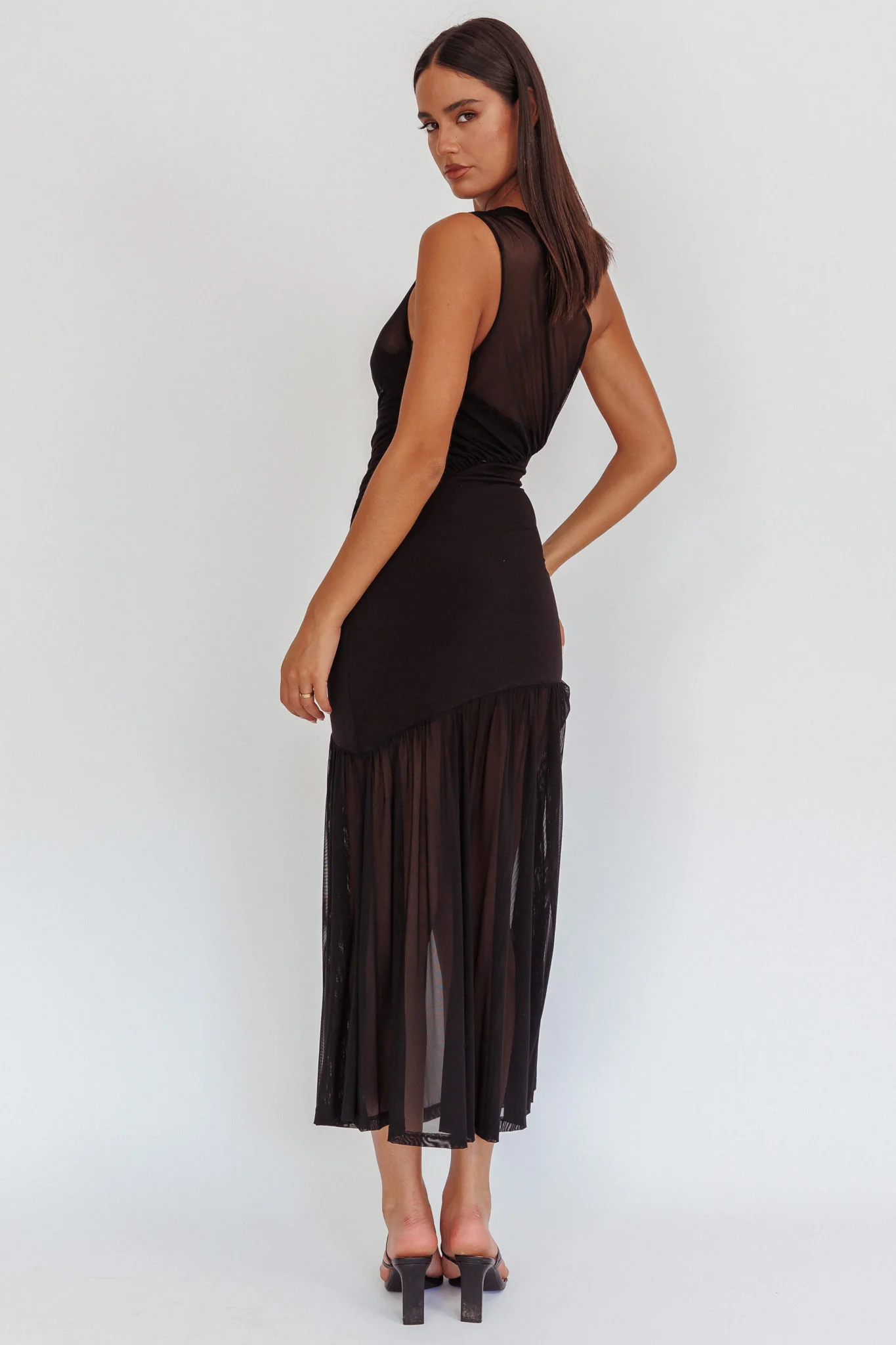 Passion One-Shoulder Mesh Maxi Dress Black - Seraphlike