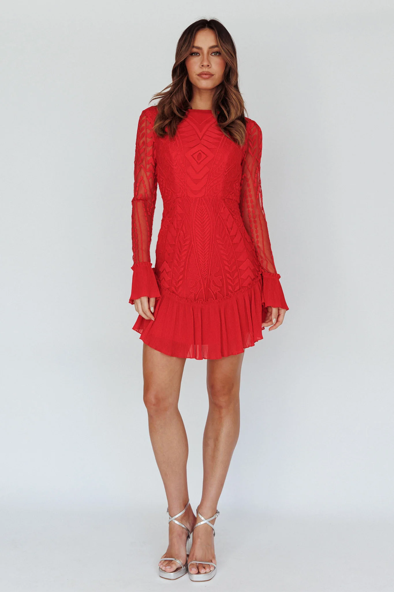 Dreamy Long Sleeve Mini Dress Red - Seraphlike