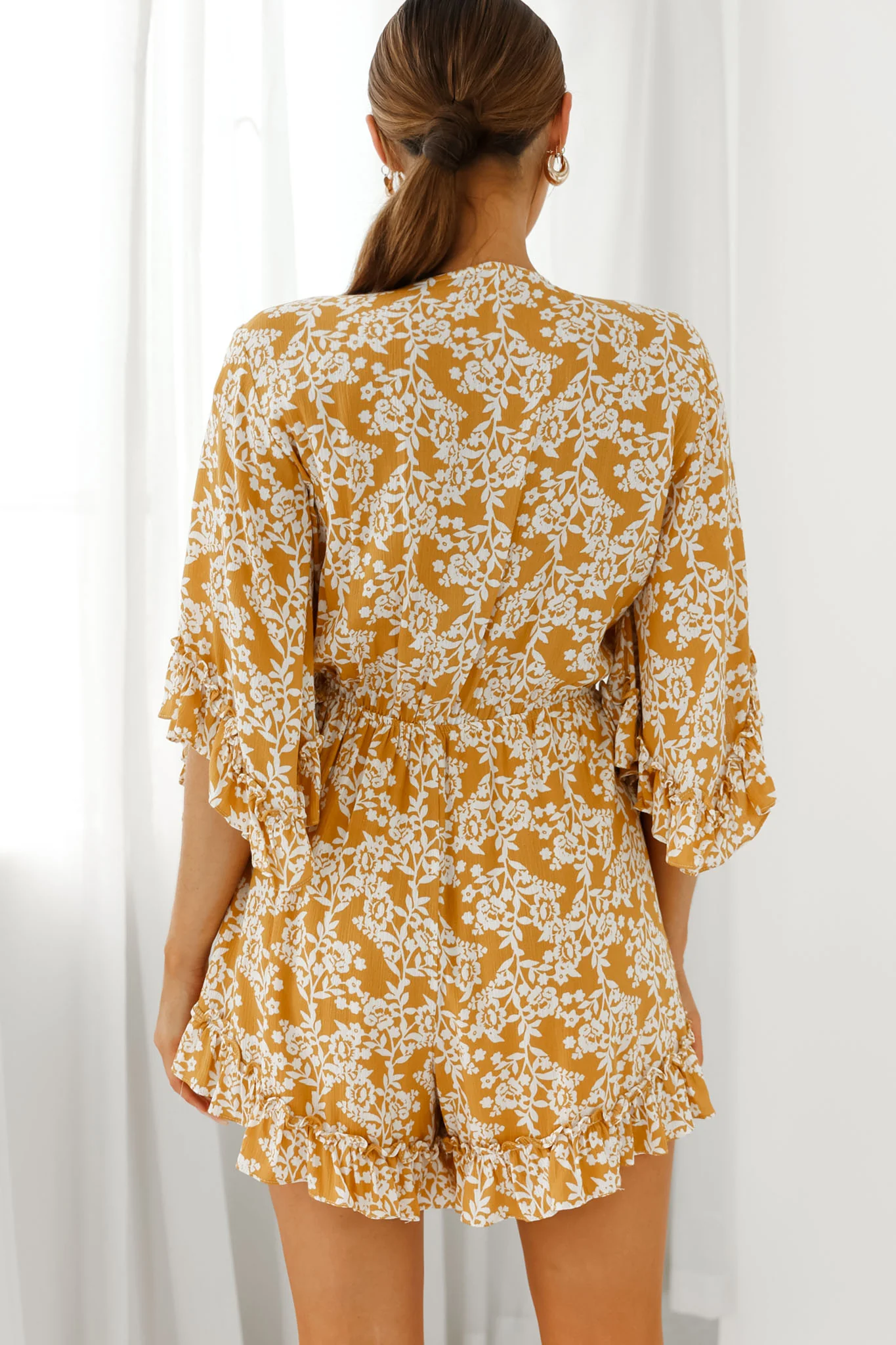 Athira Tied Bust Flared Sleeve Floral Stencil Print Romper Yellow - Seraphlike