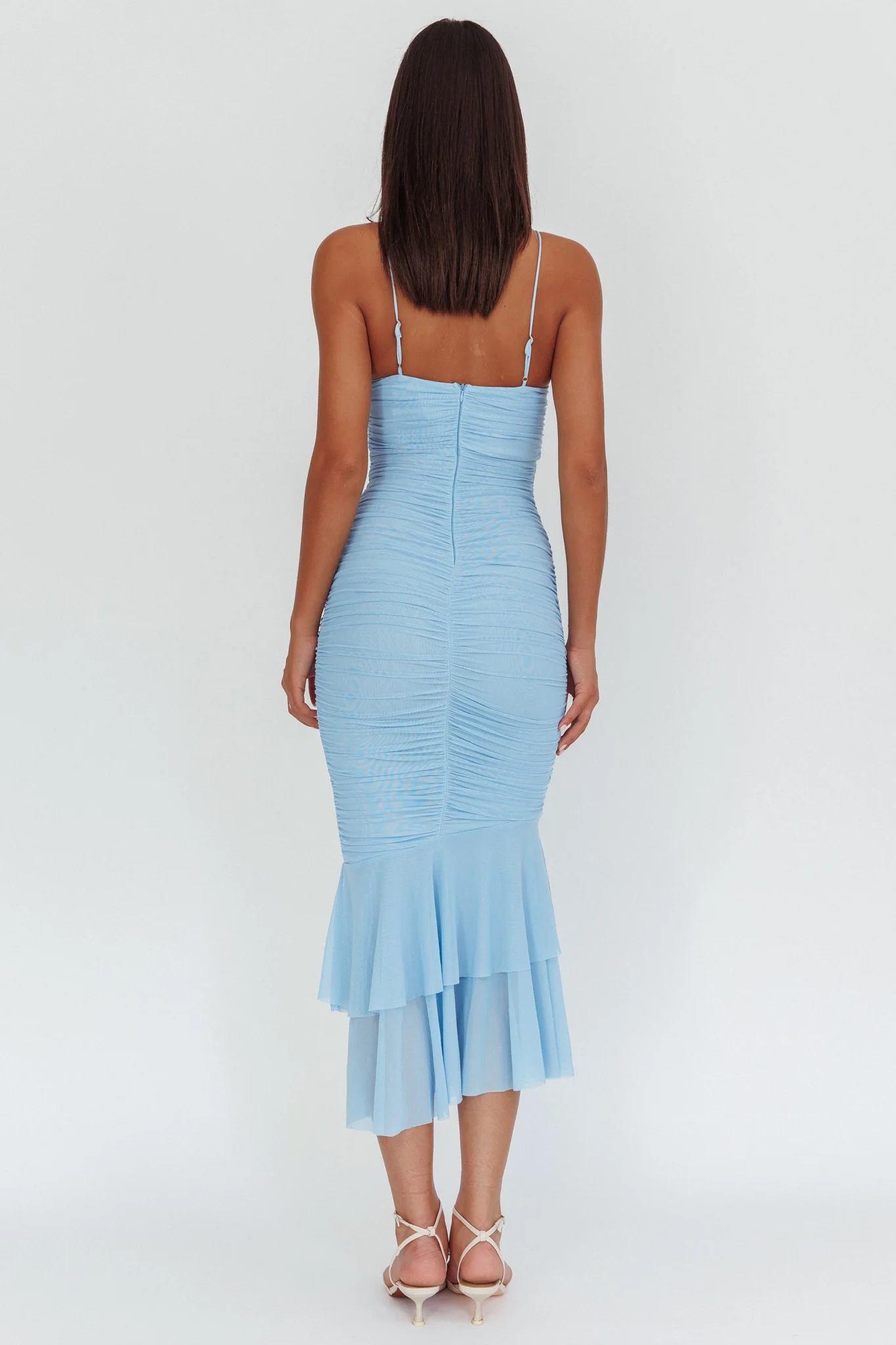 Nadia Ruffle Neckline Ruched Midi Dress Blue - Seraphlike