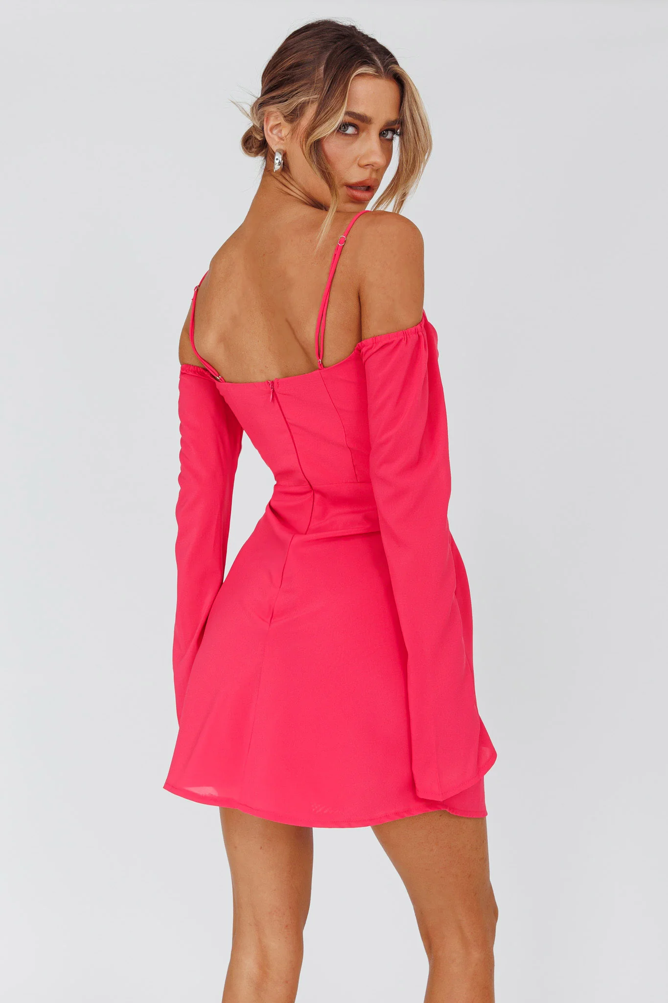 Teava Off-Shoulder Sleeve Laced Mini Dress Hot Pink - Seraphlike