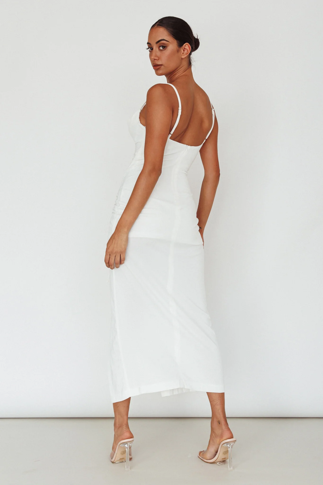 Samba Night Drawstring Ruched Midi Dress White - Seraphlike