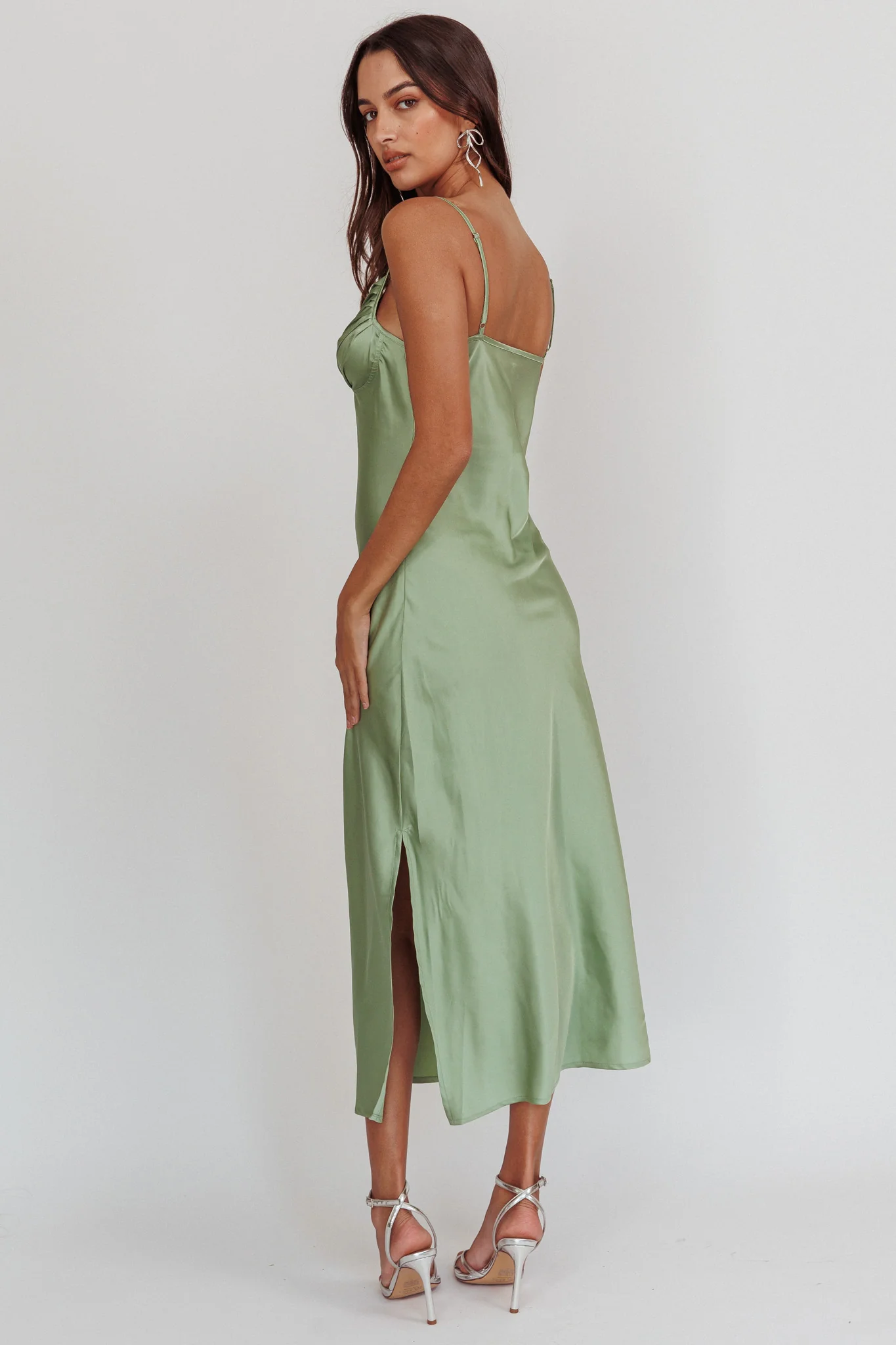 Felicity Pleat Bust Split Midi Dress Sage - Seraphlike