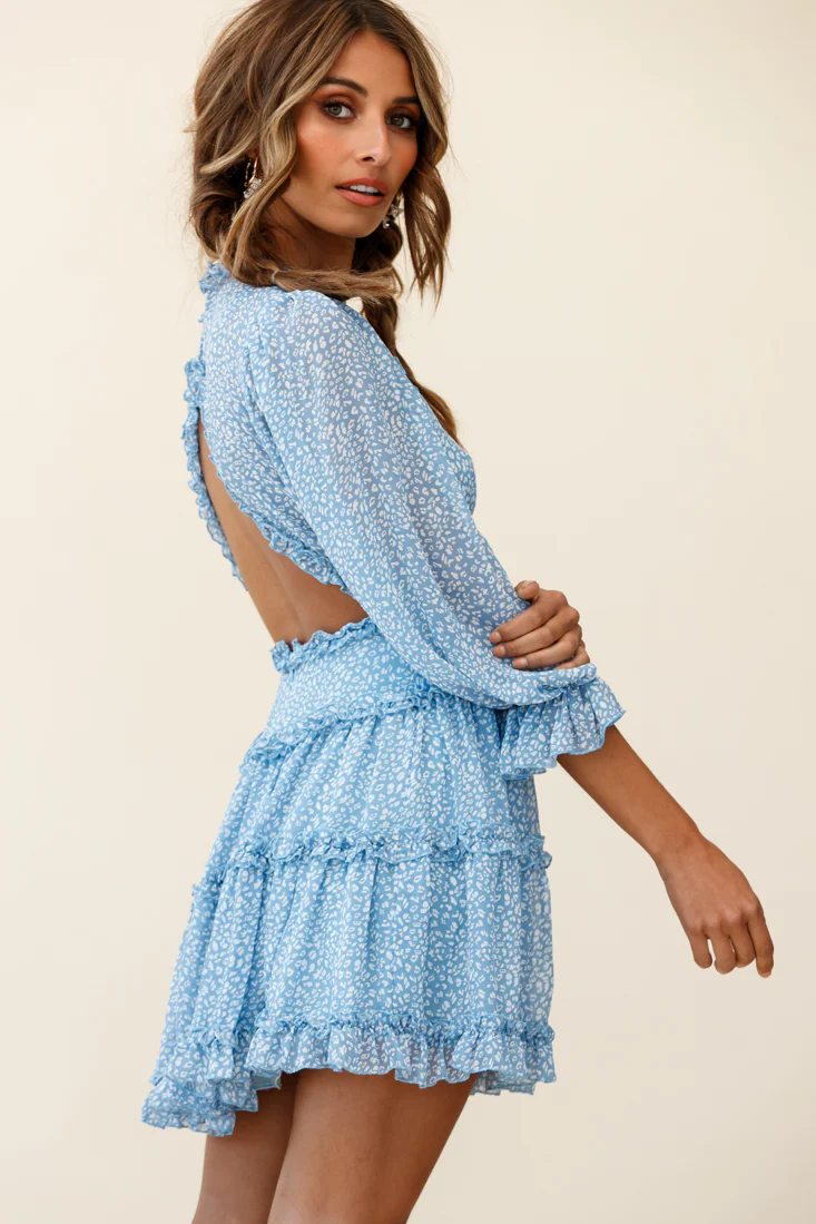 Laney Cutout Back Balloon Sleeve Dress Speckle Print Blue - Seraphlike