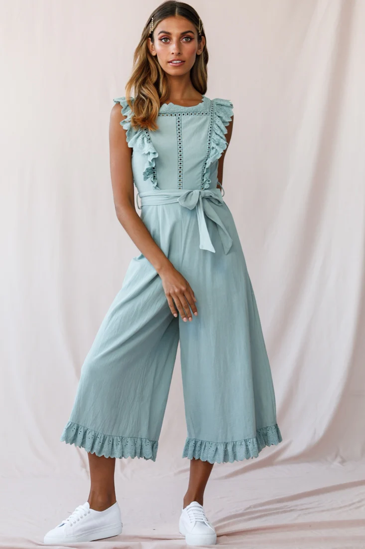 Meadow Ruffle Strap Open Back Midi Jumpsuit Sage - Seraphlike