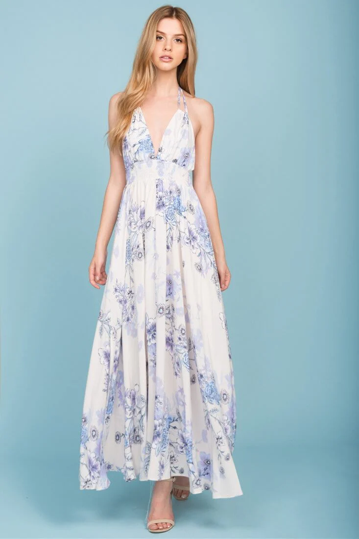 Baylor Floral Print Open Back Maxi Dress Beige - Seraphlike