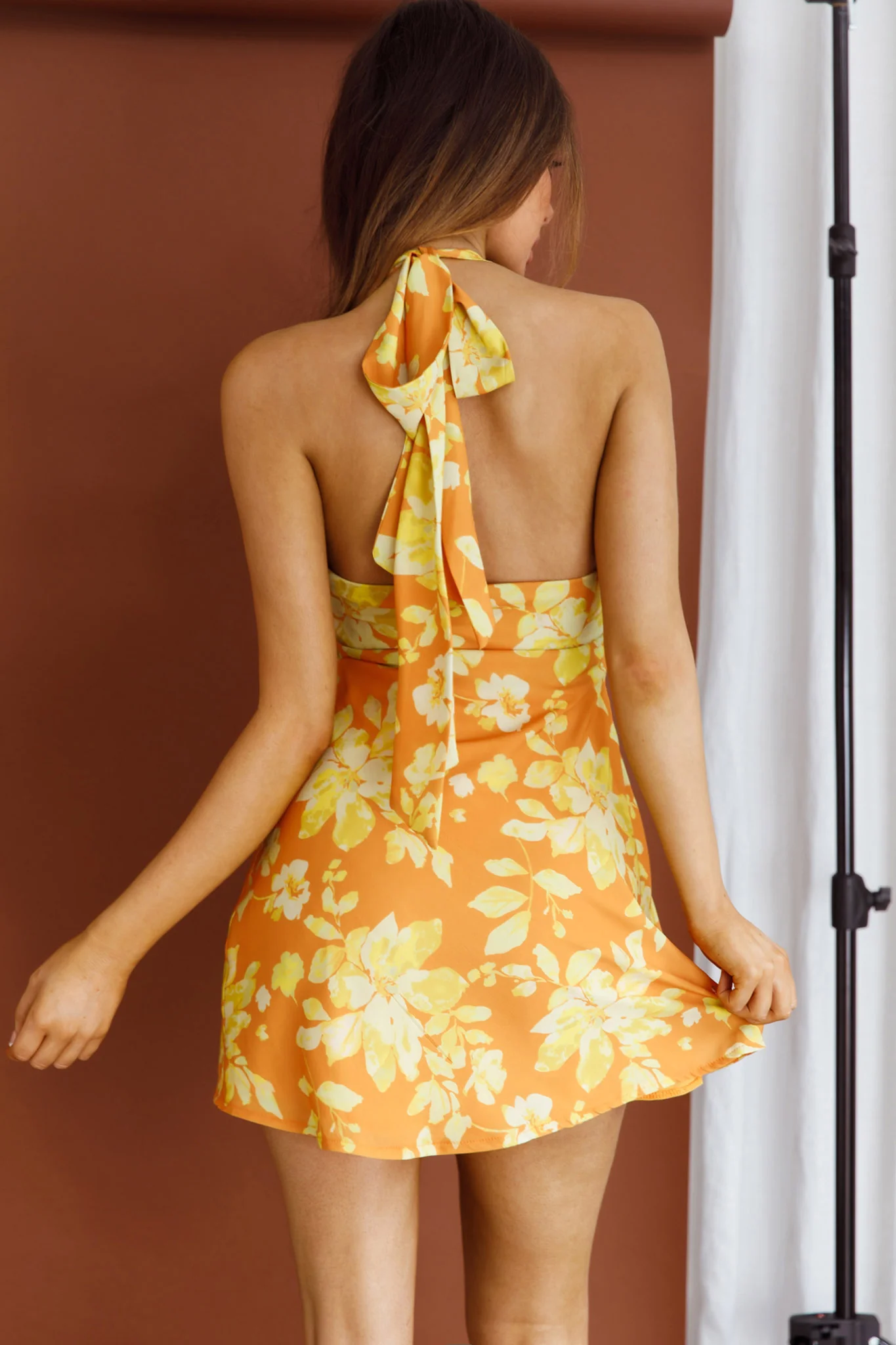 Champagne Showers Halterneck Slip Mini Dress Watercolor Floral Print Yellow - Seraphlike