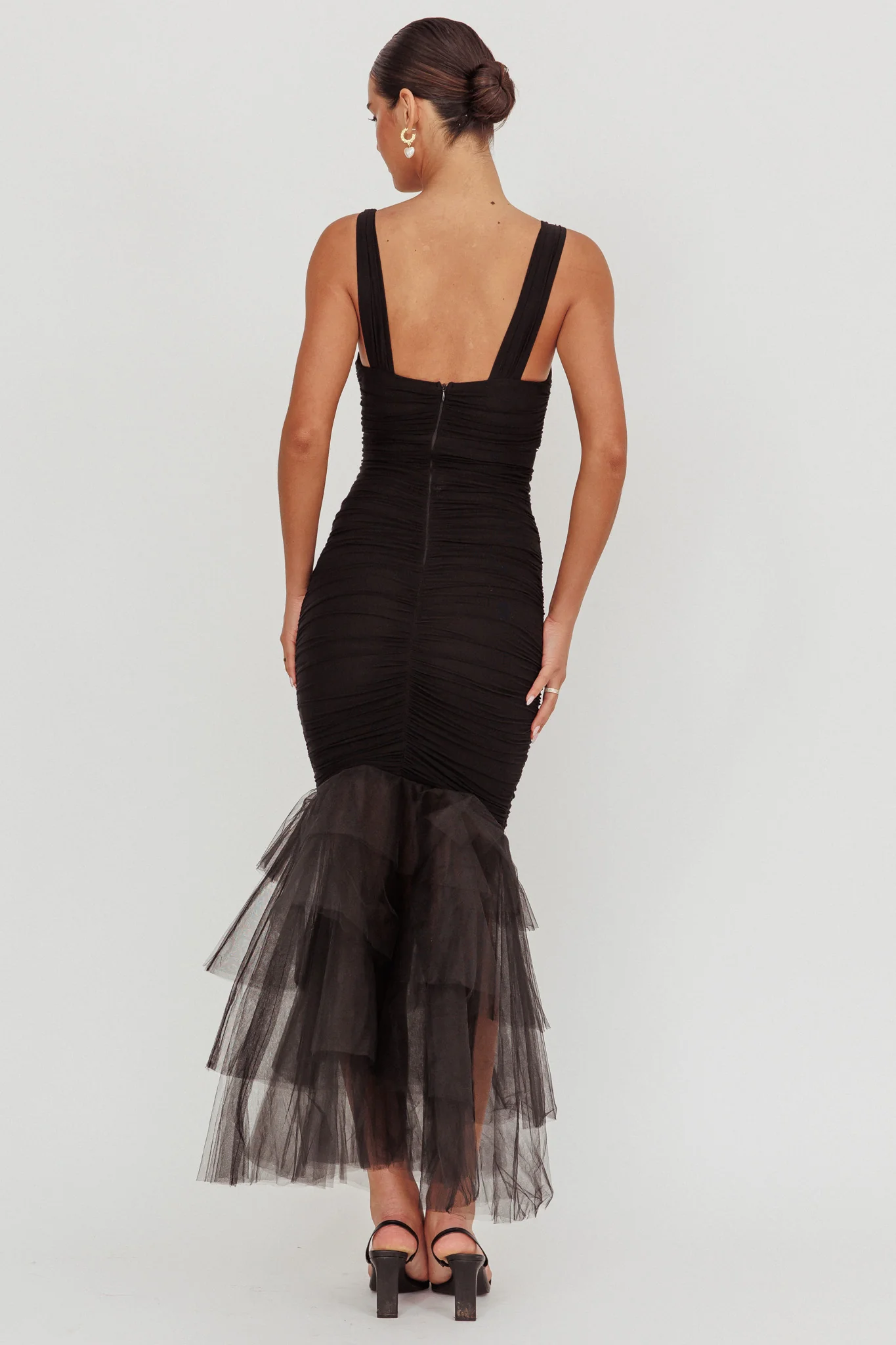Nadia Tulle Hem Ruched Maxi Dress Black - Seraphlike
