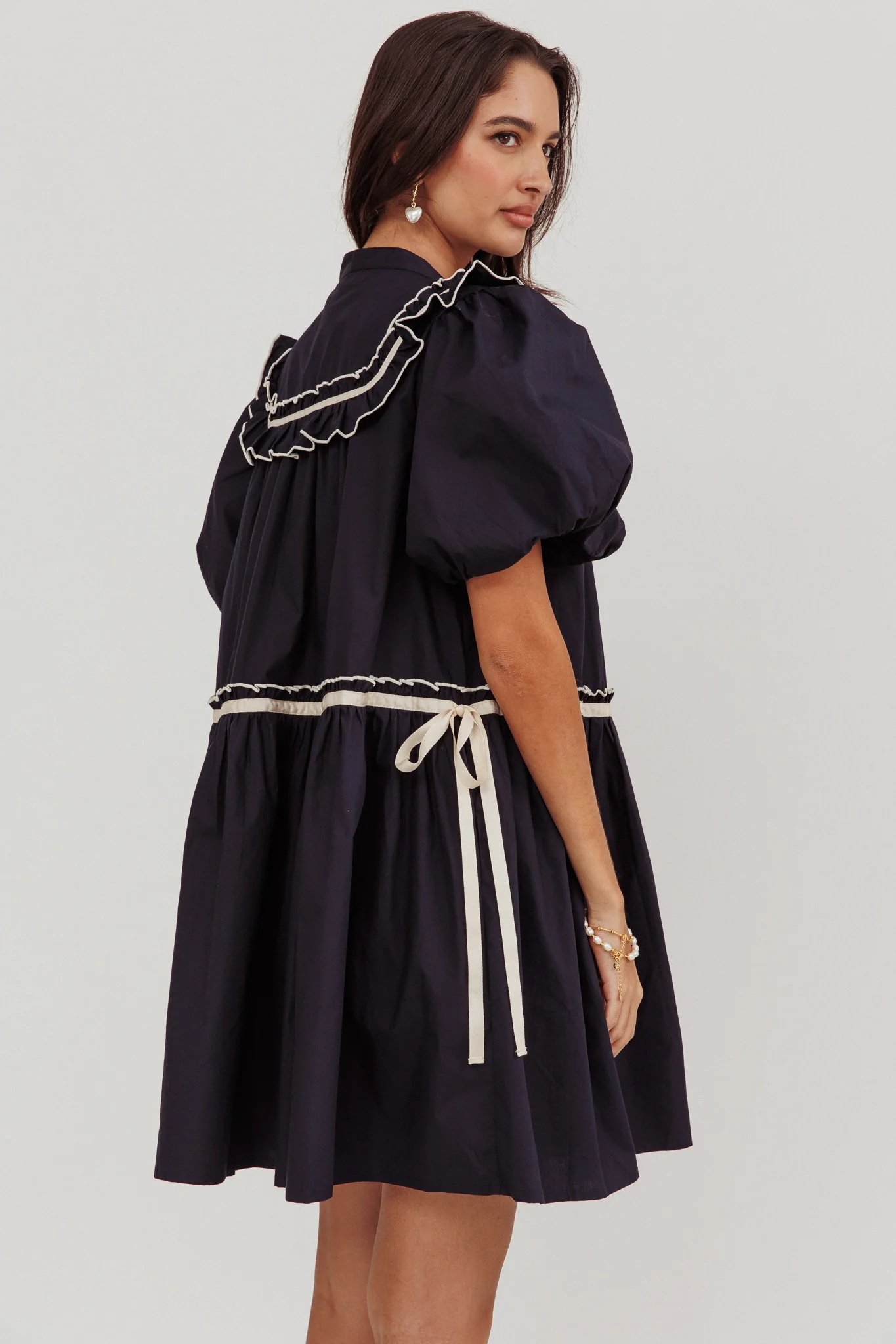 Late Spring Puff Sleeves Ruffle Mini Dress Navy - Seraphlike