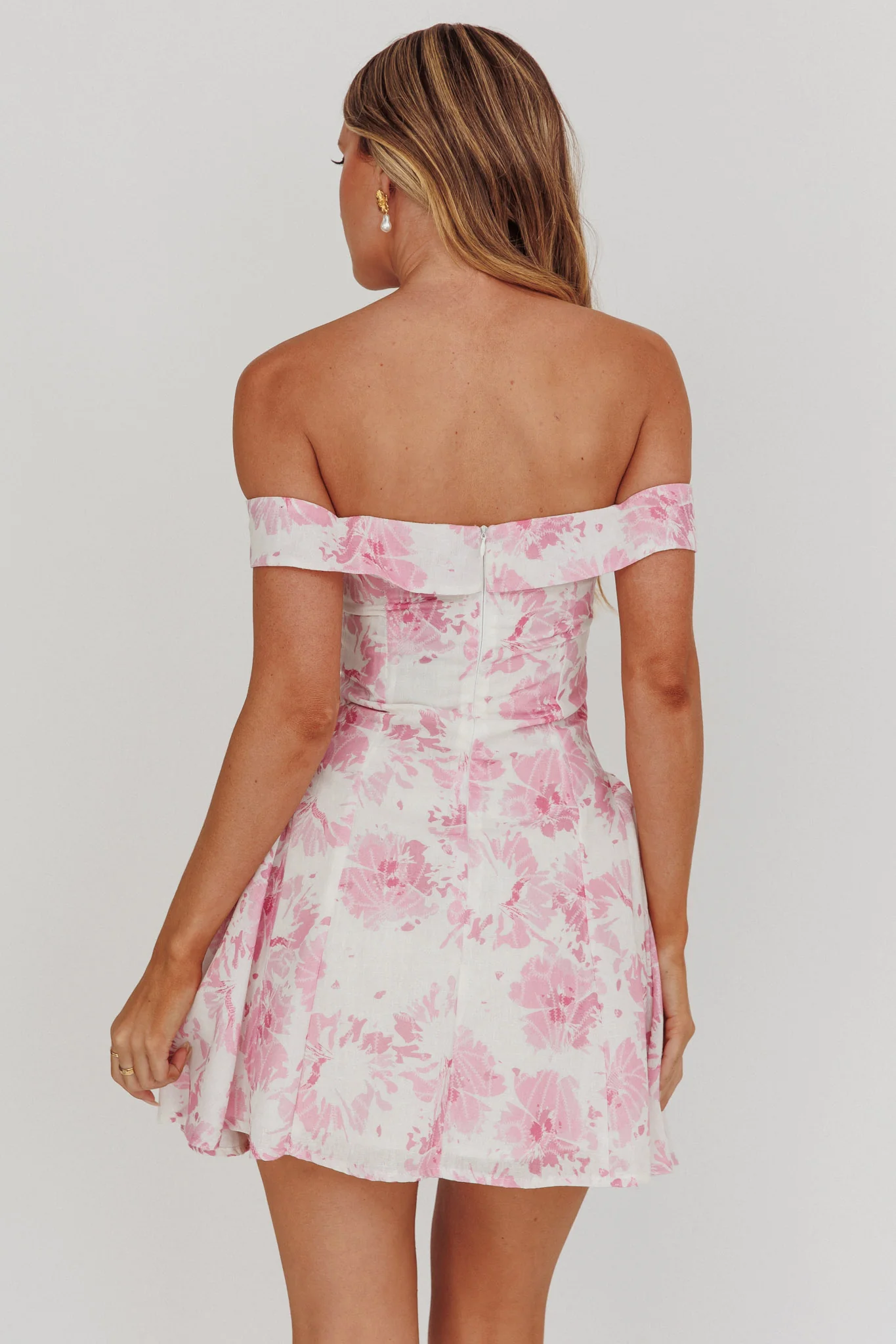 Courting Off-Shoulder Mini Dress Floral Pink - Seraphlike