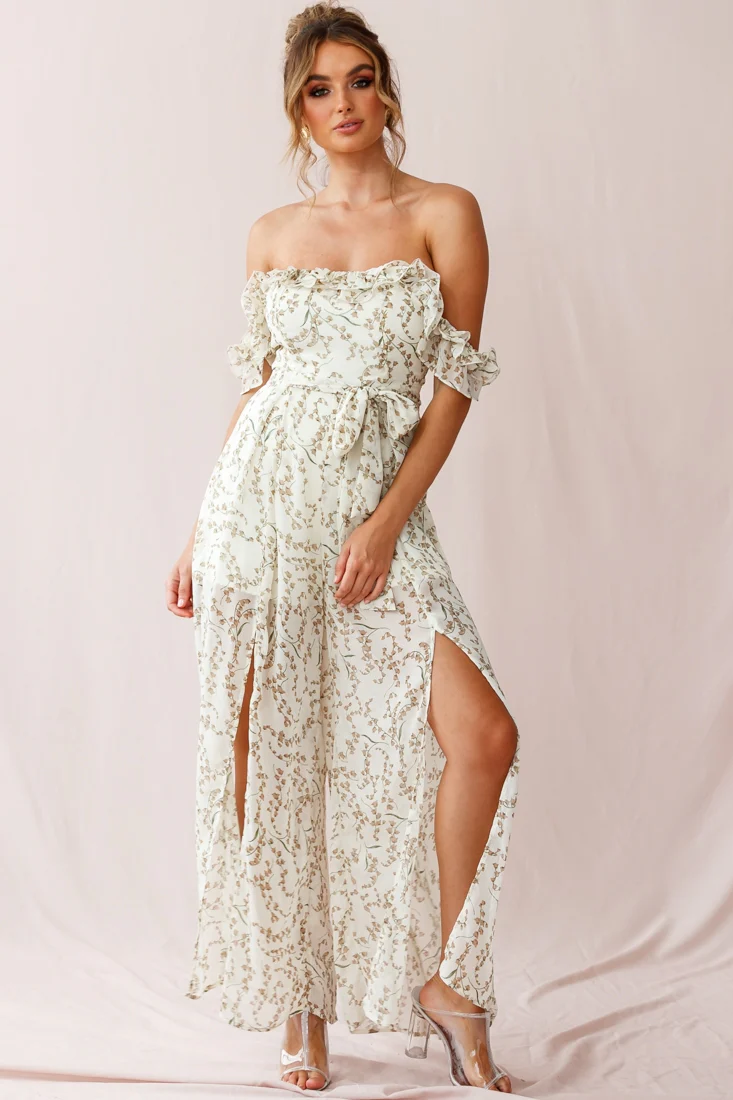 Jazz Bardot Neckline Wide Leg Split Jumpsuit Floral Print White - Seraphlike