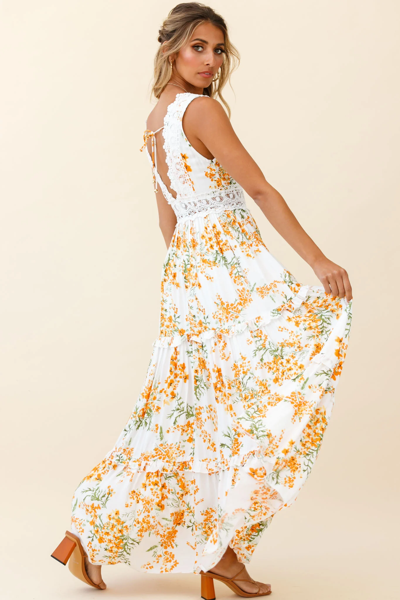 Indio Crochet Insert Deep V-Neckline Maxi Dress Floral Print White/Orange - Seraphlike