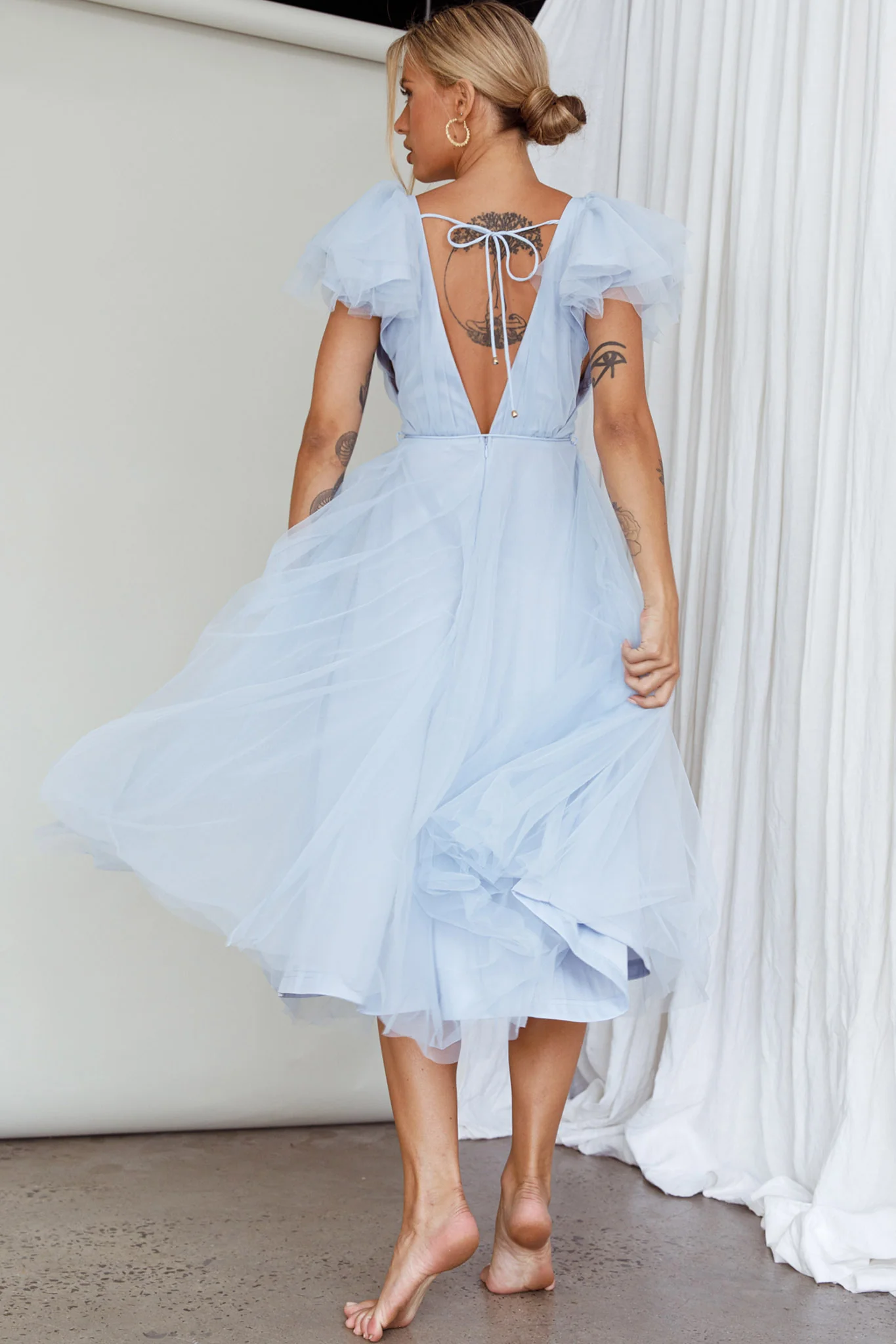 Leap Of Faith Frill Shoulder Tulle Midi Dress Blue - Seraphlike