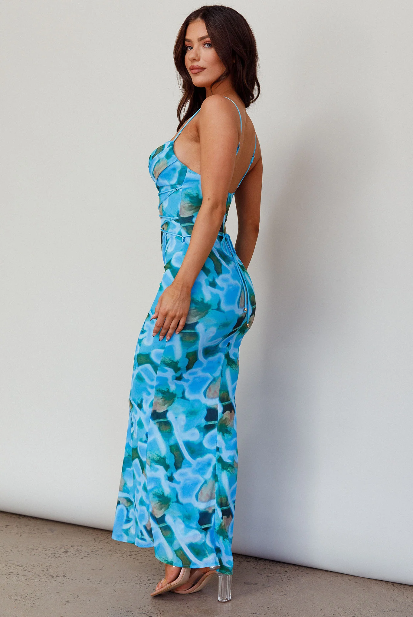 Teava Laced Waist Midi Dress Abstract Blue Crush - Seraphlike