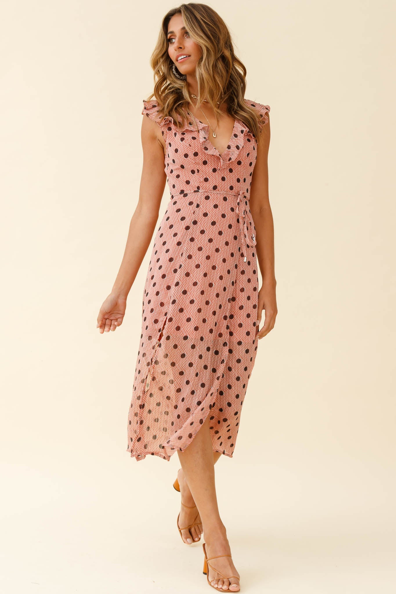 Karina Frill Neckline Midi Dress Polka Dot Print Rust - Seraphlike