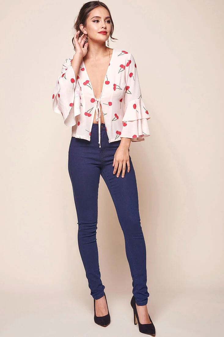 Robbi Bell Sleeved Cherry Top Beige - Seraphlike