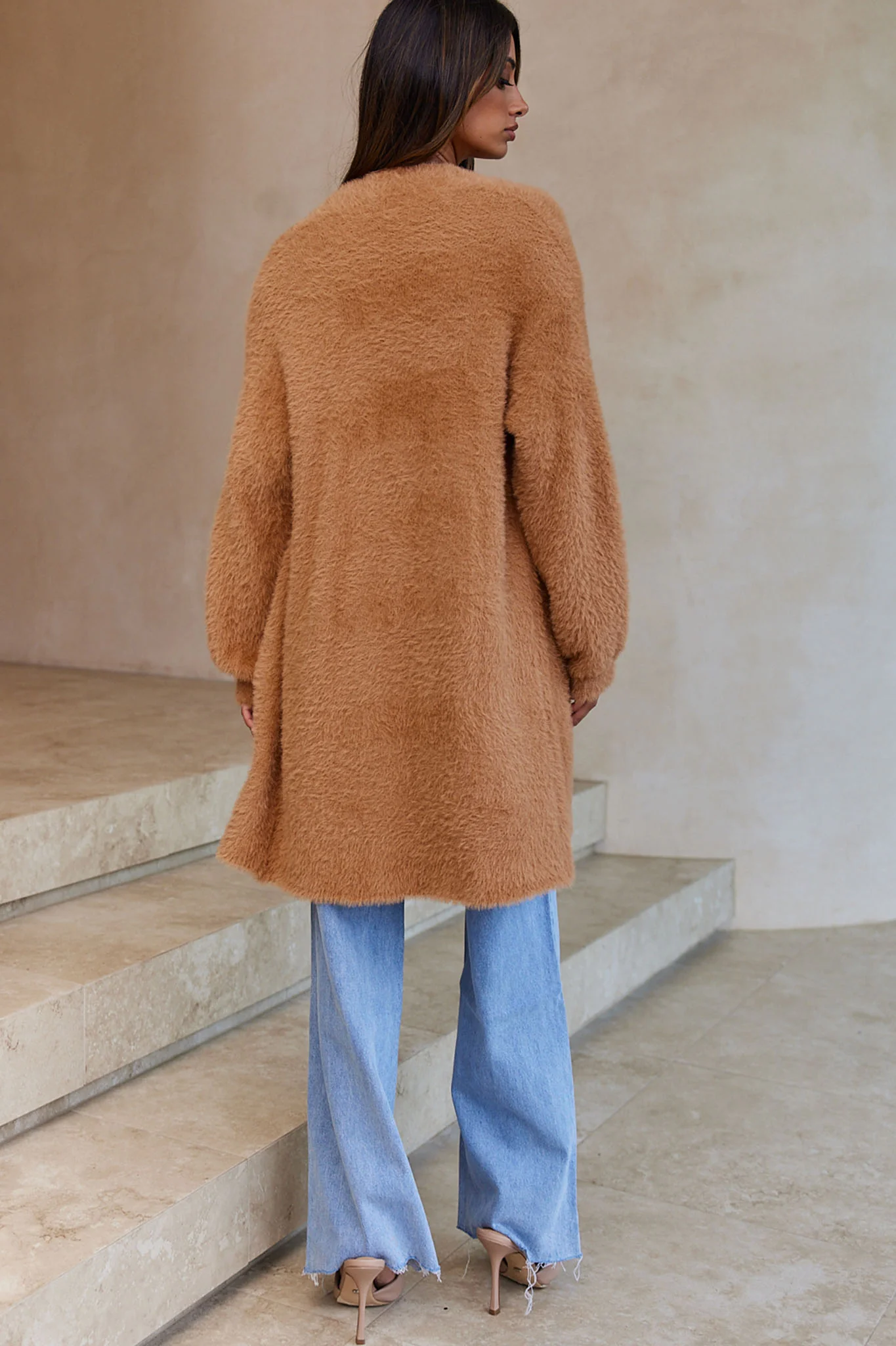 Hold The Phone Long Sleeve Fuzzy Duster Cardigan Tan - Seraphlike