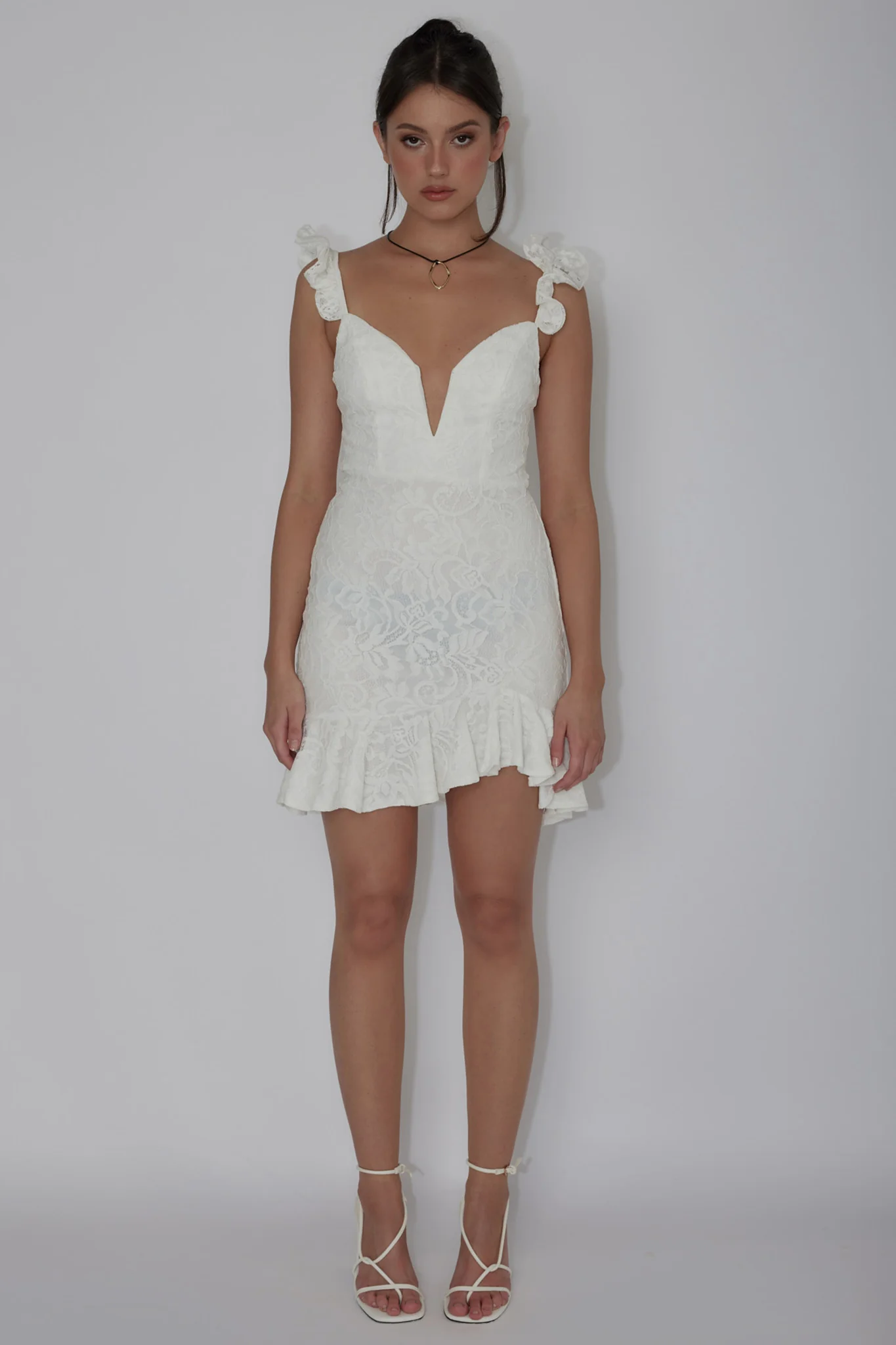 Kianna Ruffle Strap Lace Mini Dress White - Seraphlike