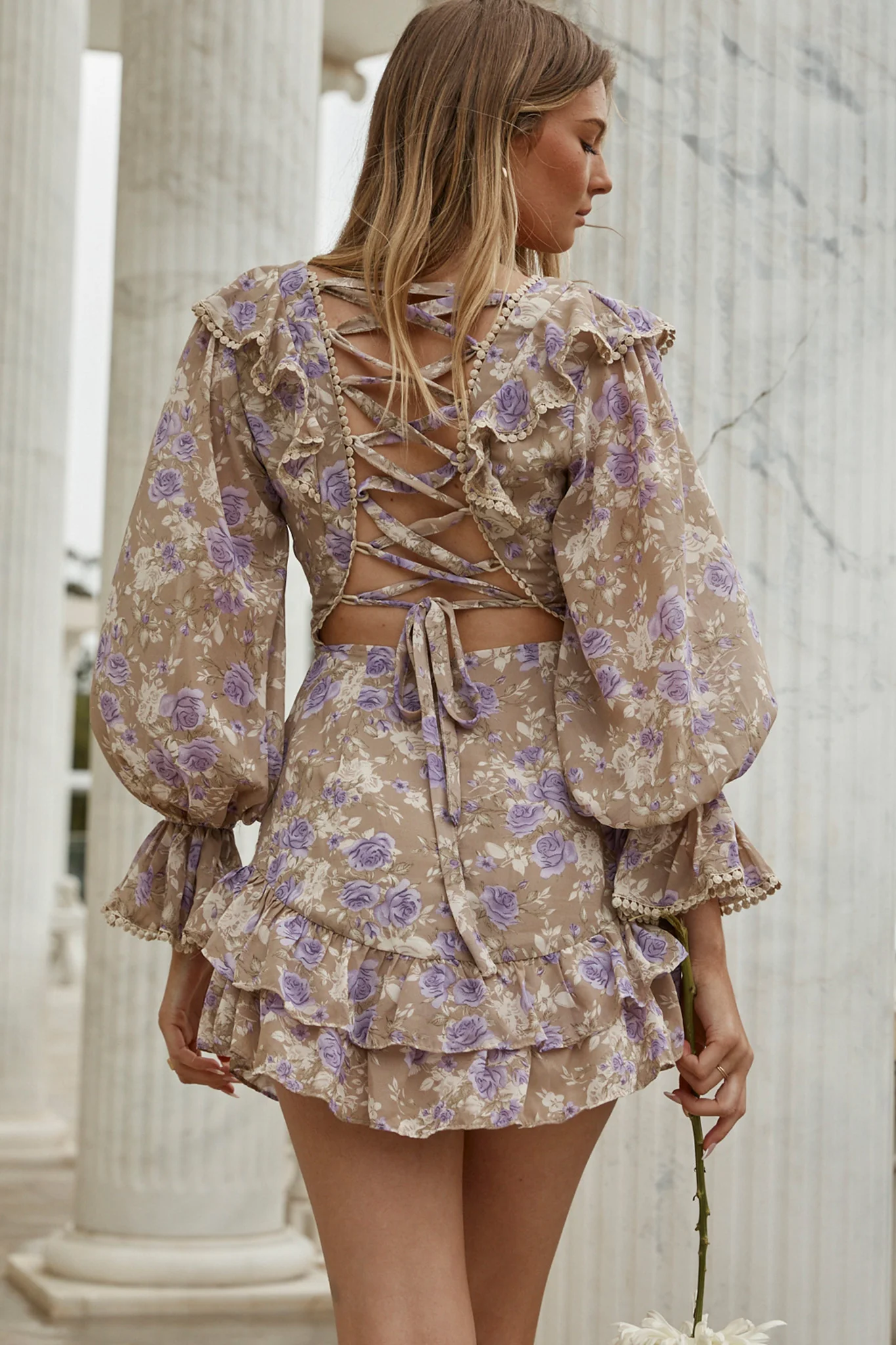 Charade Long Sleeve Corset Back Dress Floral Print Lilac - Seraphlike