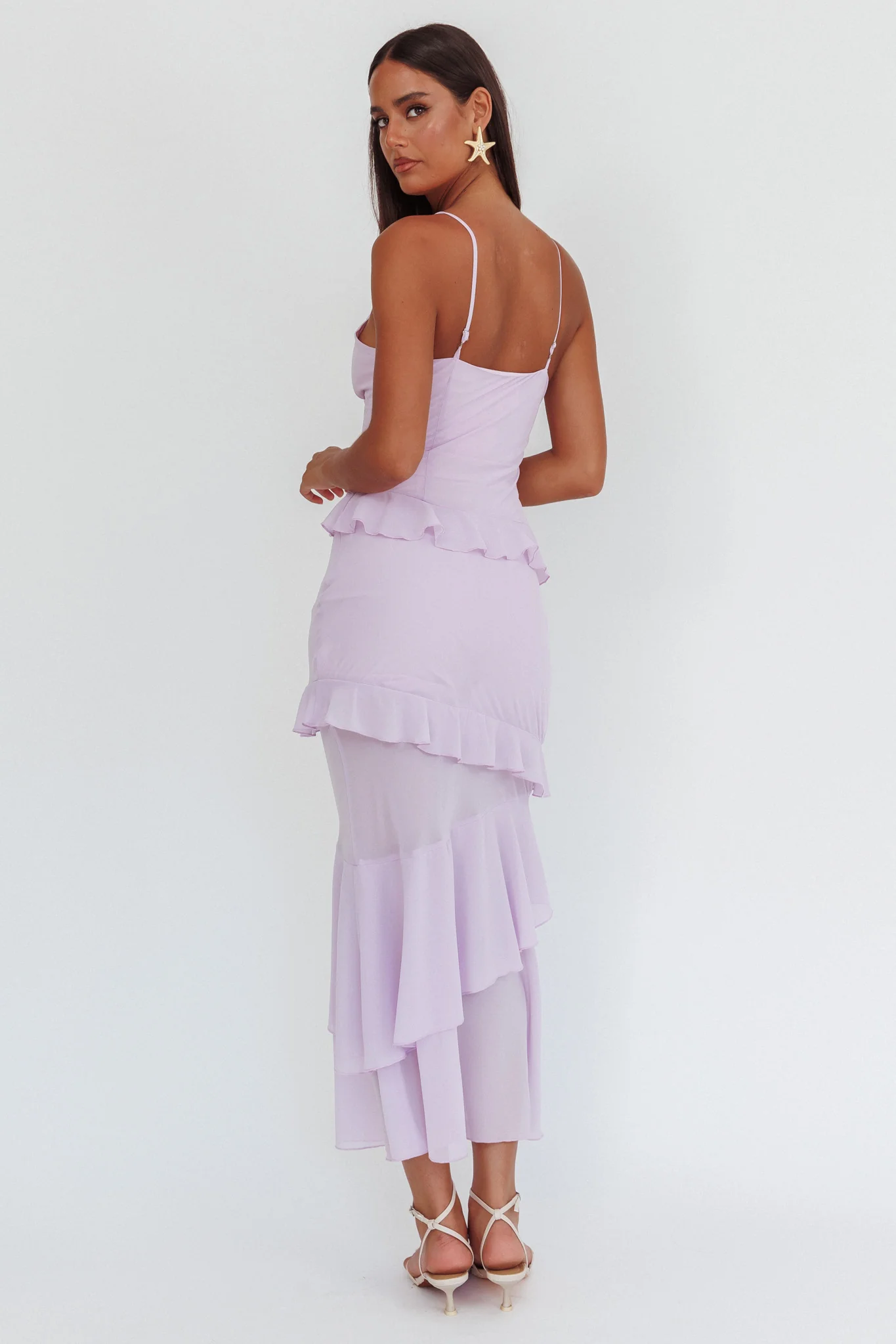 Marlie Frill Trim Rosette Maxi Dress Lilac - Seraphlike