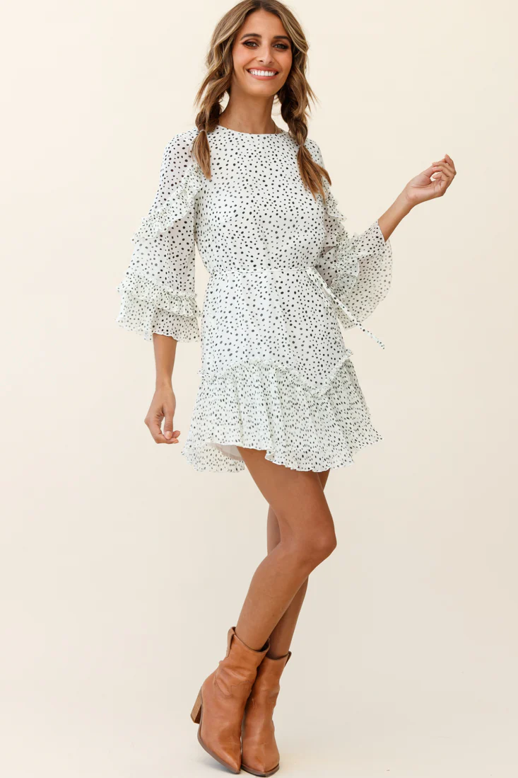 Yours Sincerely Three-Quarter Sleeve Accordion Pleat Dress Speckle Print White - Seraphlike
