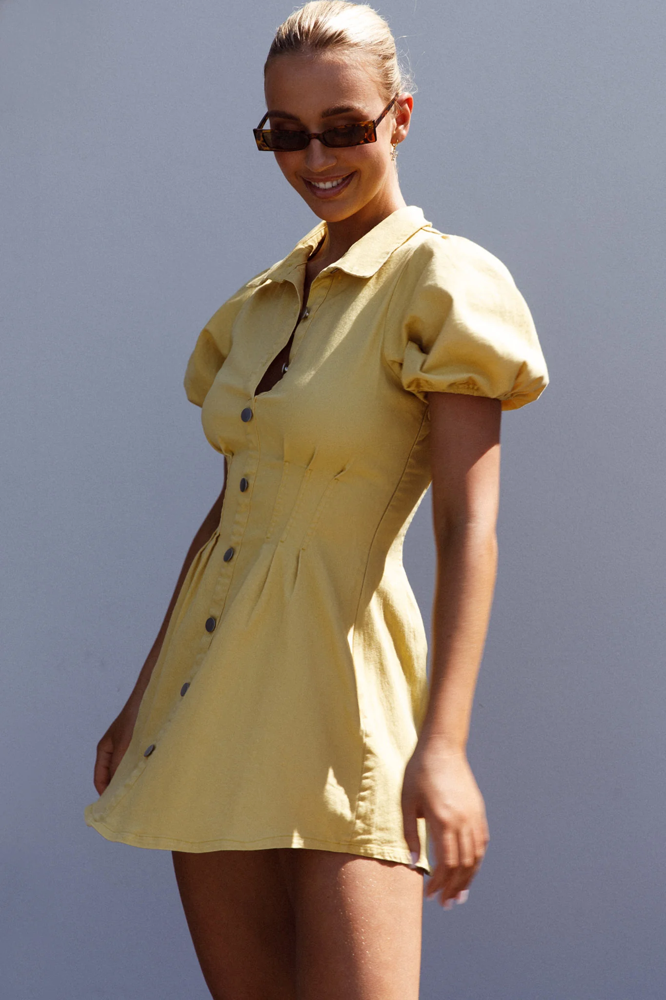 Zurich Pleated Waist Shirt Dress Light Yellow - Seraphlike