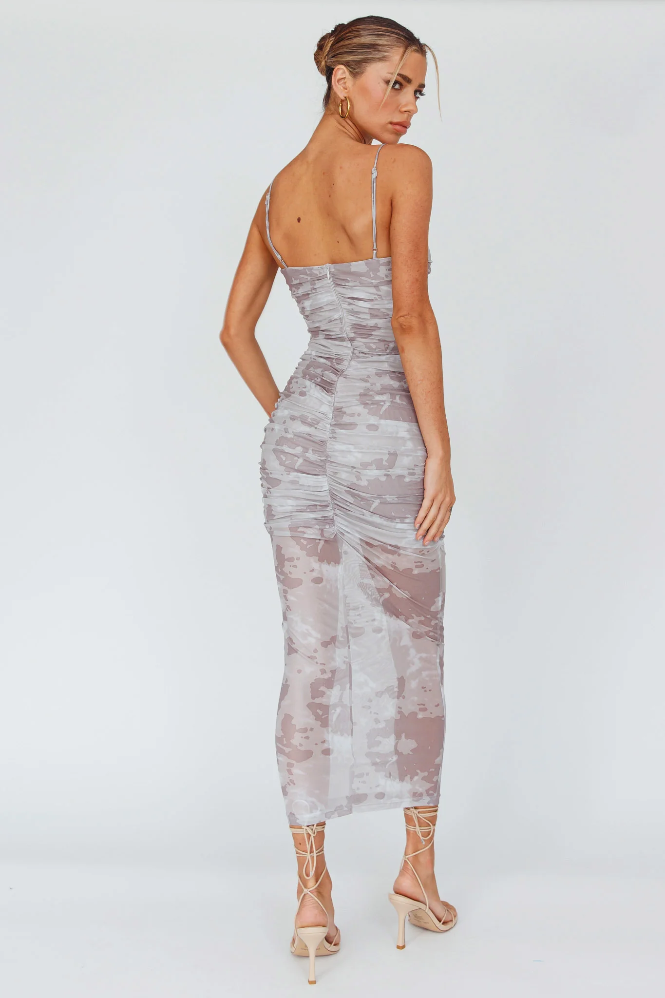 Logan Strapless Ruched Midi Dress Print Sand - Seraphlike