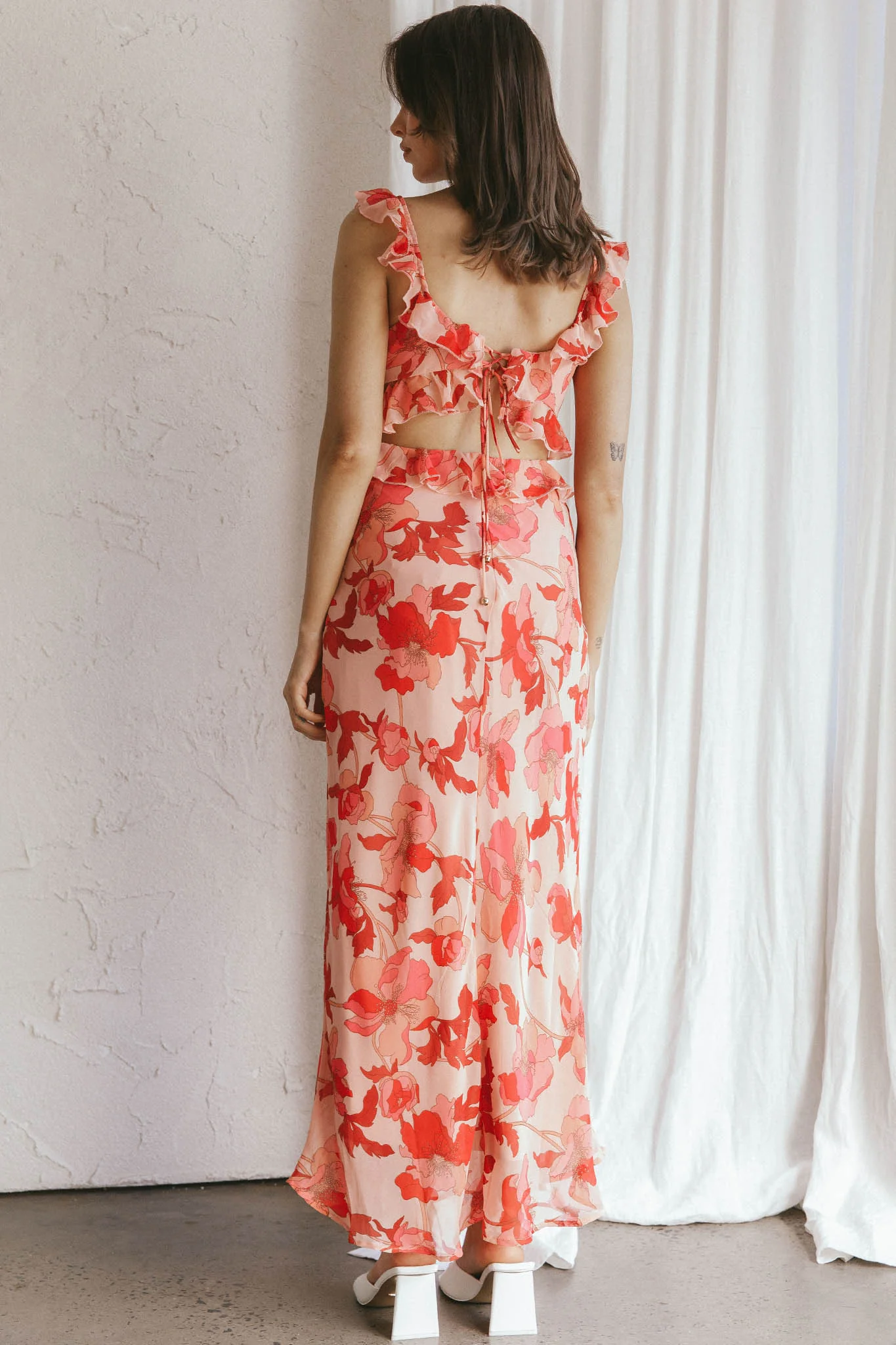 Second Chances Ruffle Trim Midi Dress Floral Pink - Seraphlike