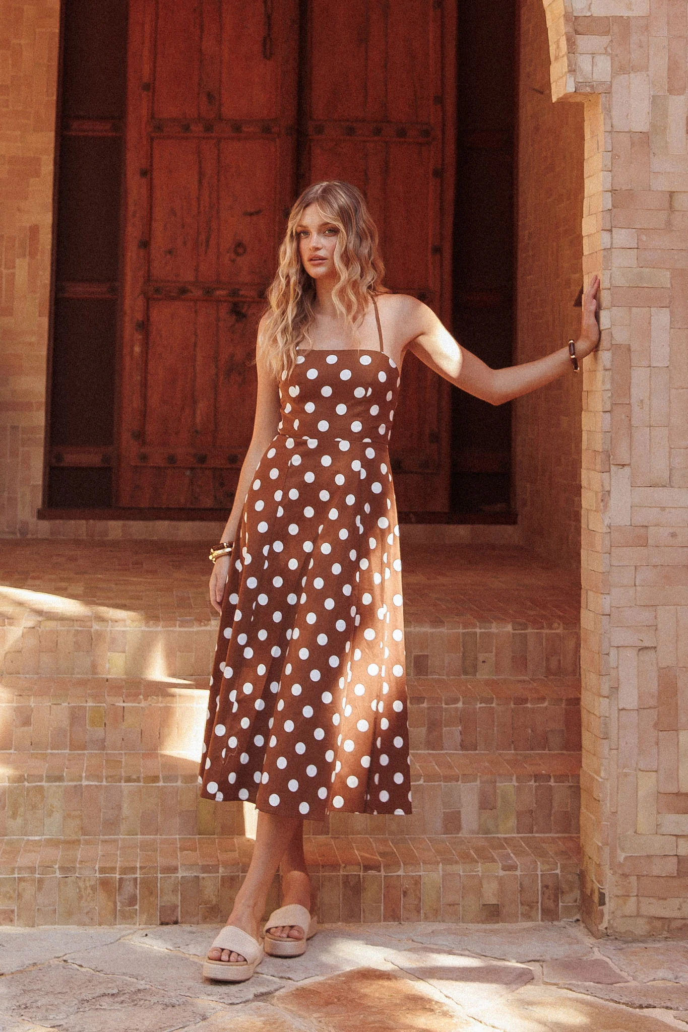 Second Glance Olga Criss-Cross Back Midi Dress Polka Dot Brown - Seraphlike