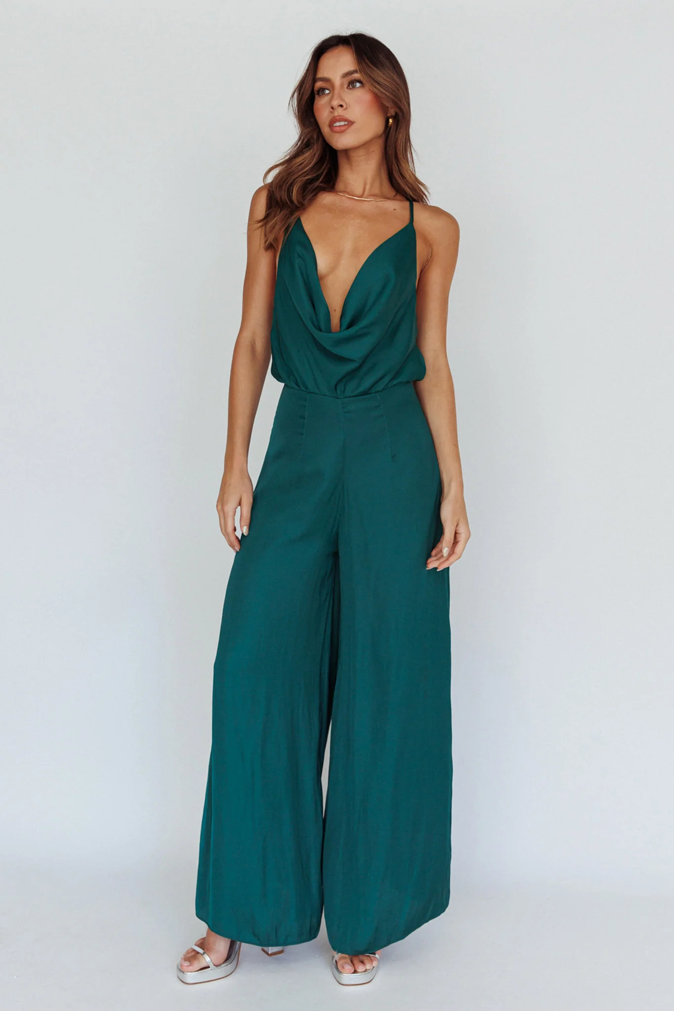 Jaclyn Wide-Leg Cowl Neck Jumpsuit Forest Green - Seraphlike