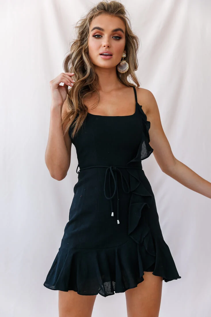 Hart Cami Strap Ruffle Mini Dress Black - Seraphlike
