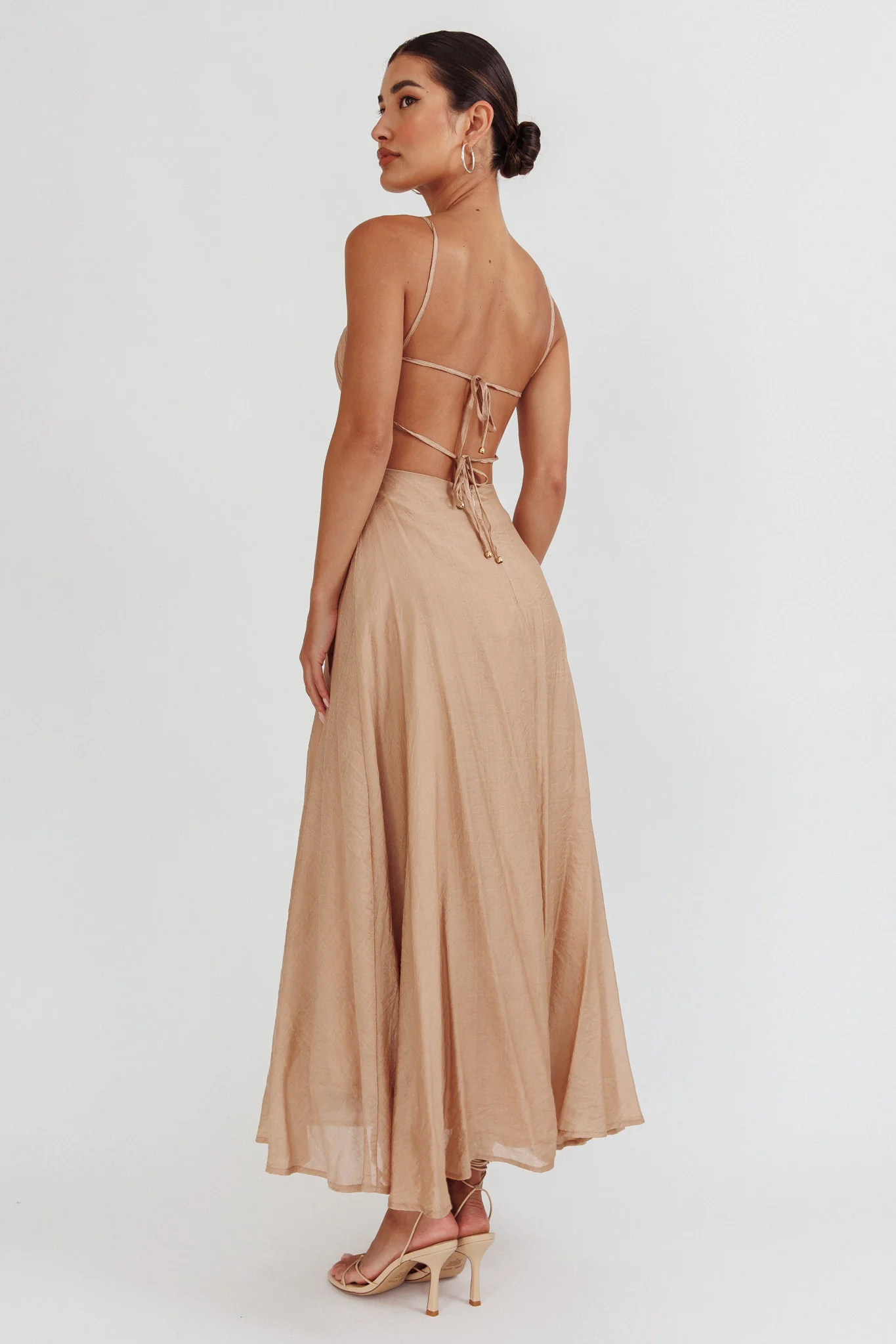 Echoes Tied Back A-Line Midi Dress Taupe - Seraphlike