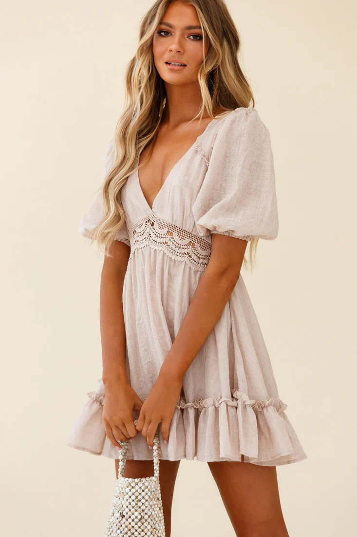 Everleigh Milkmaid Sleeve Exposed Back Dress Beige - Seraphlike