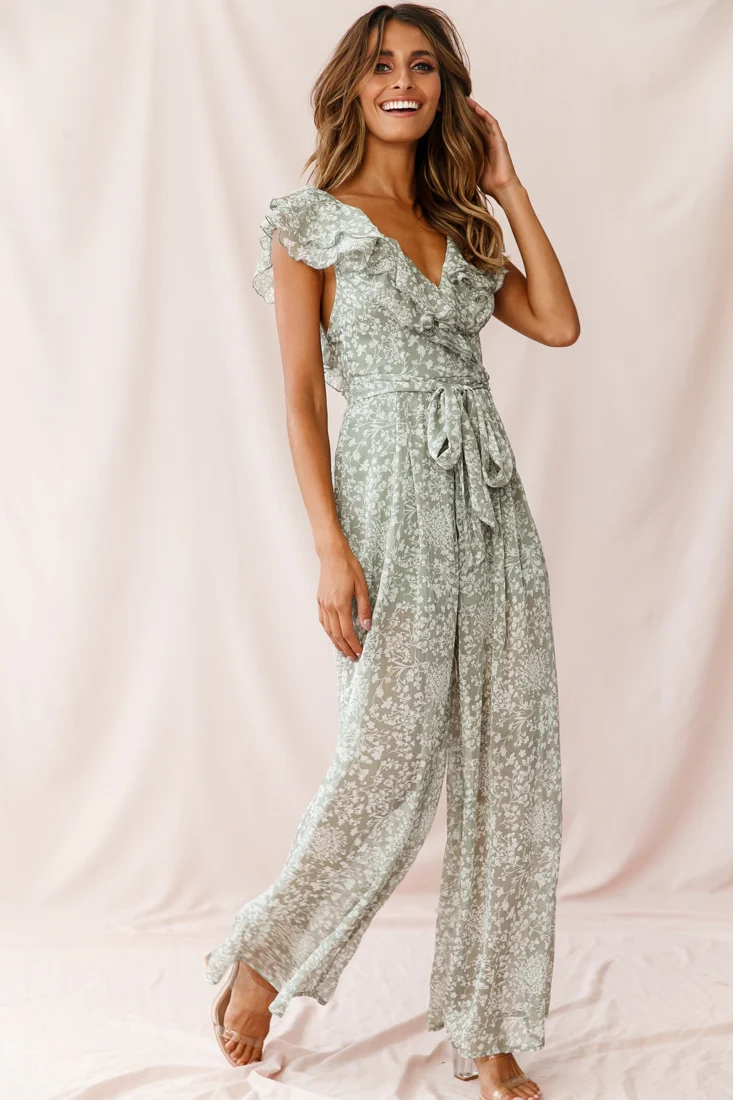 Marcia Ruffle Strap Wide Leg Jumpsuit Olive - Seraphlike