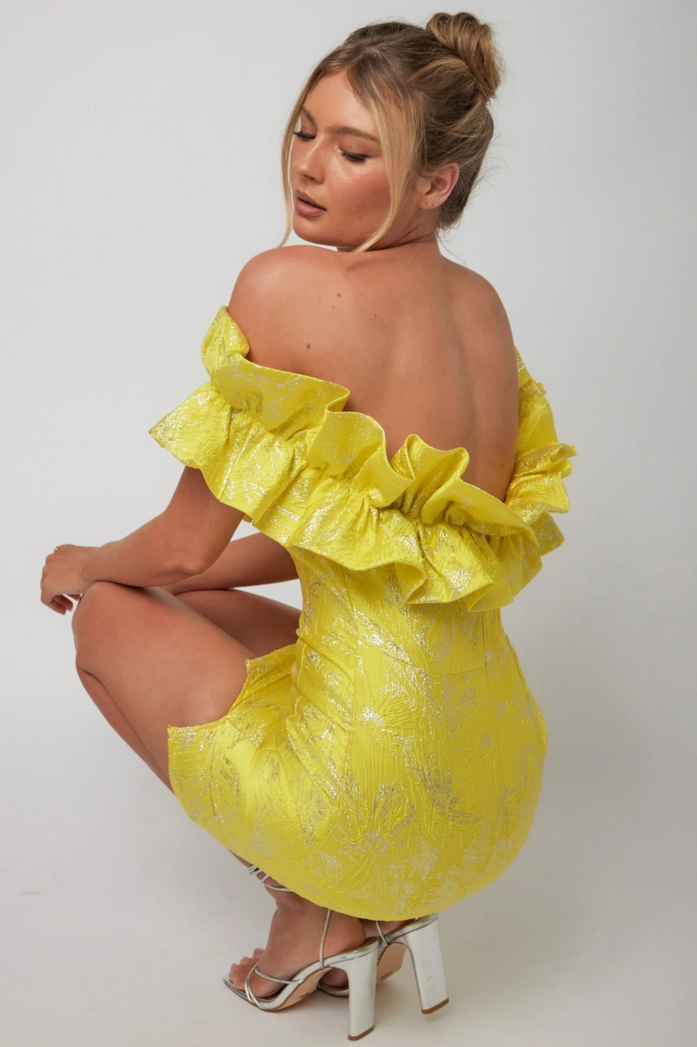 Memoire Off-Shoulder Jacquard Mini Dress Yellow - Seraphlike
