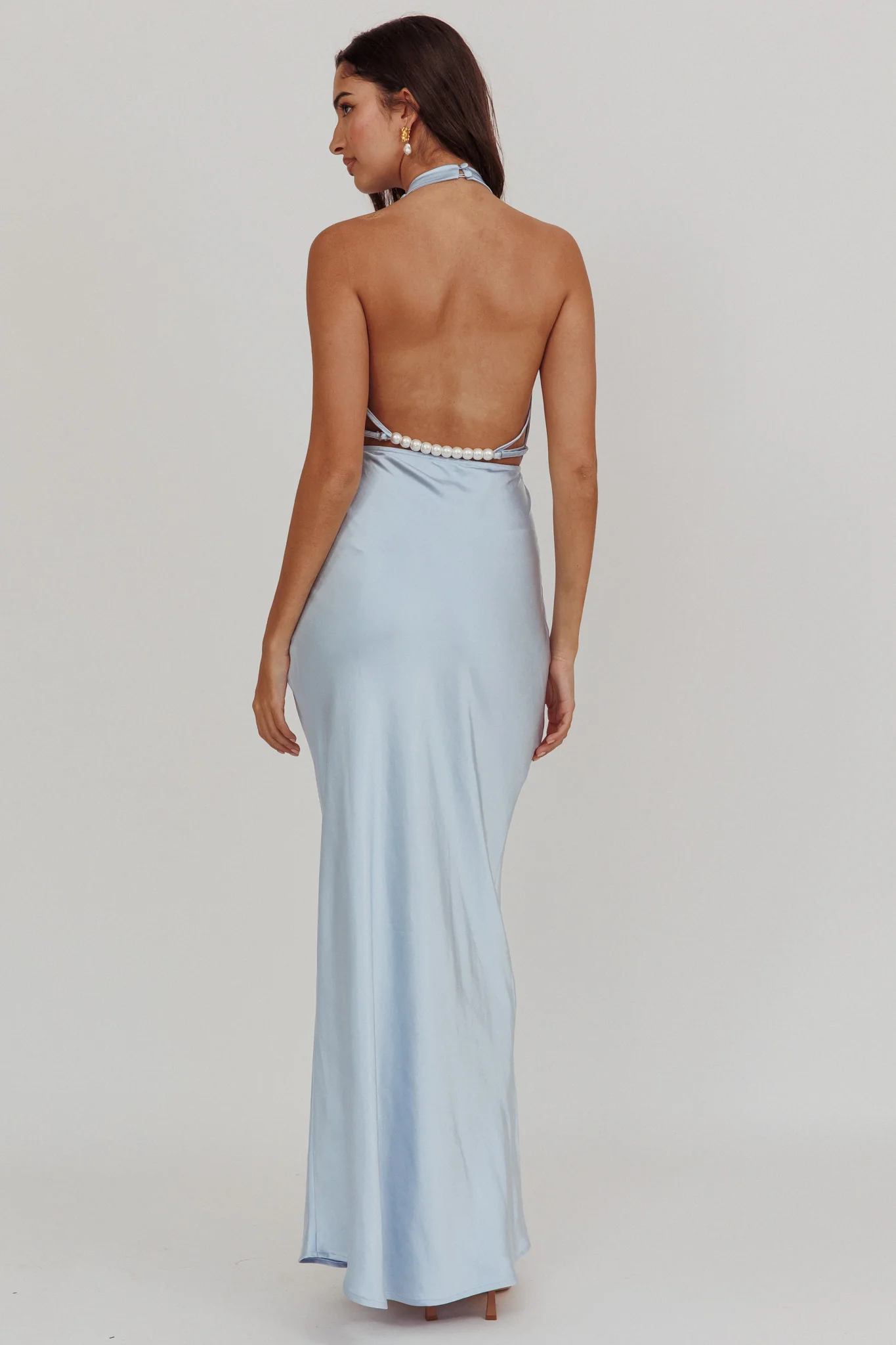 Gelato Pearl Strap Halter Maxi Dress Blue - Seraphlike