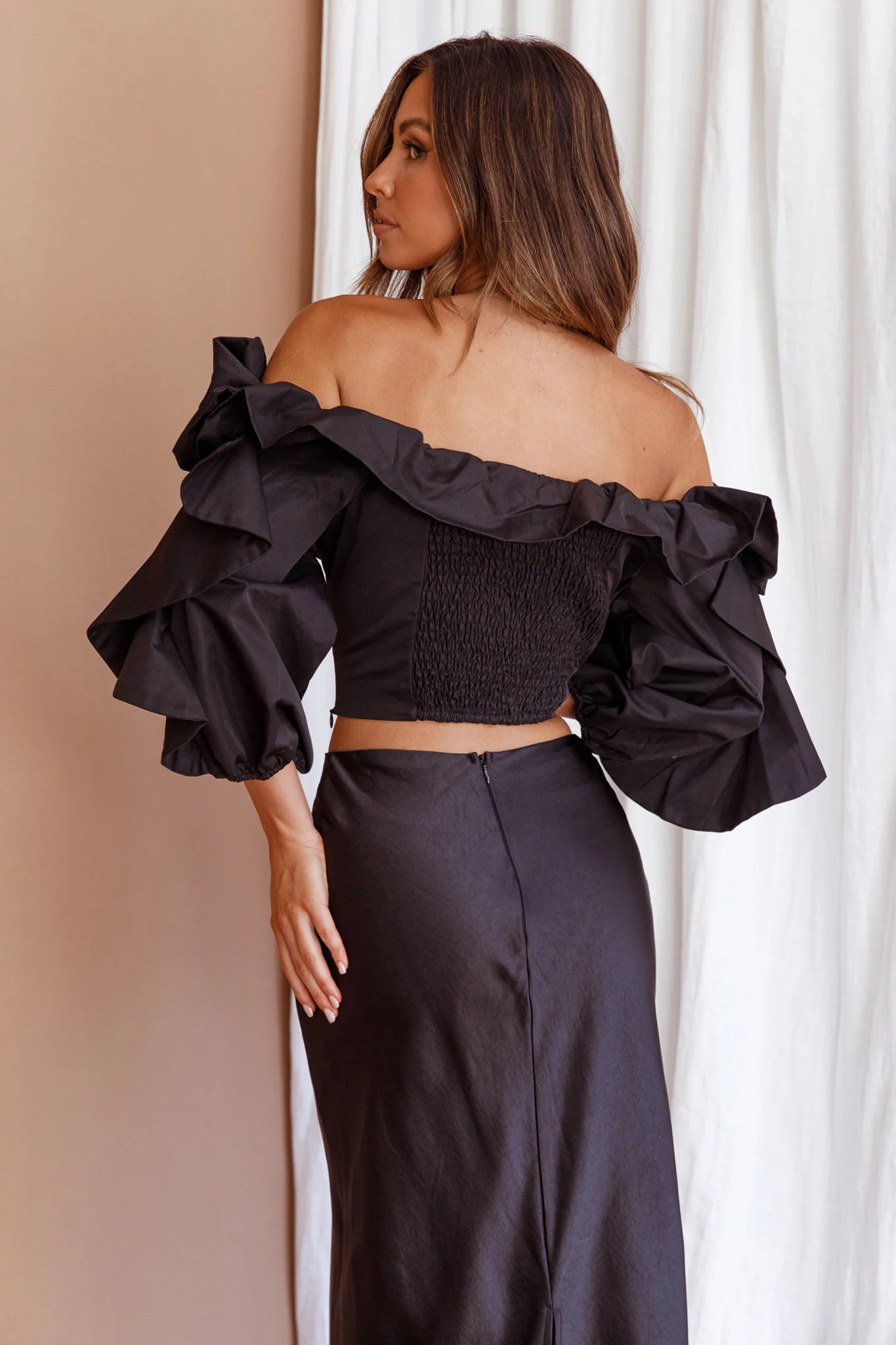 Midnight Mirage Puff Ruffle Crop Top Black - Seraphlike