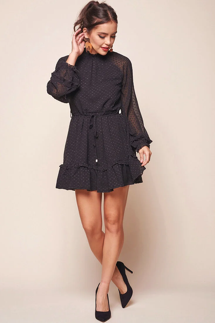 Tracee Open Black Ruffled Hemline Dress Black - Seraphlike