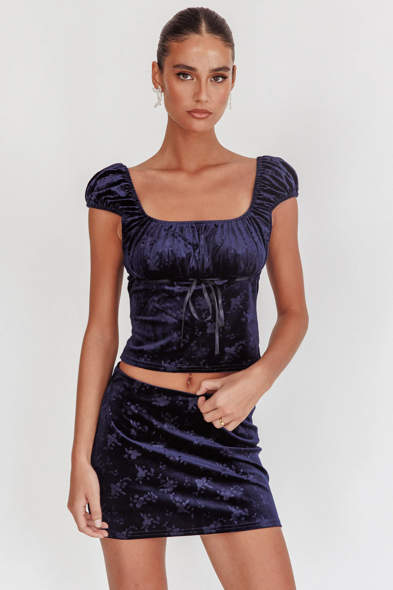 High Rollers Floral Velvet Mini Skirt Navy - Seraphlike