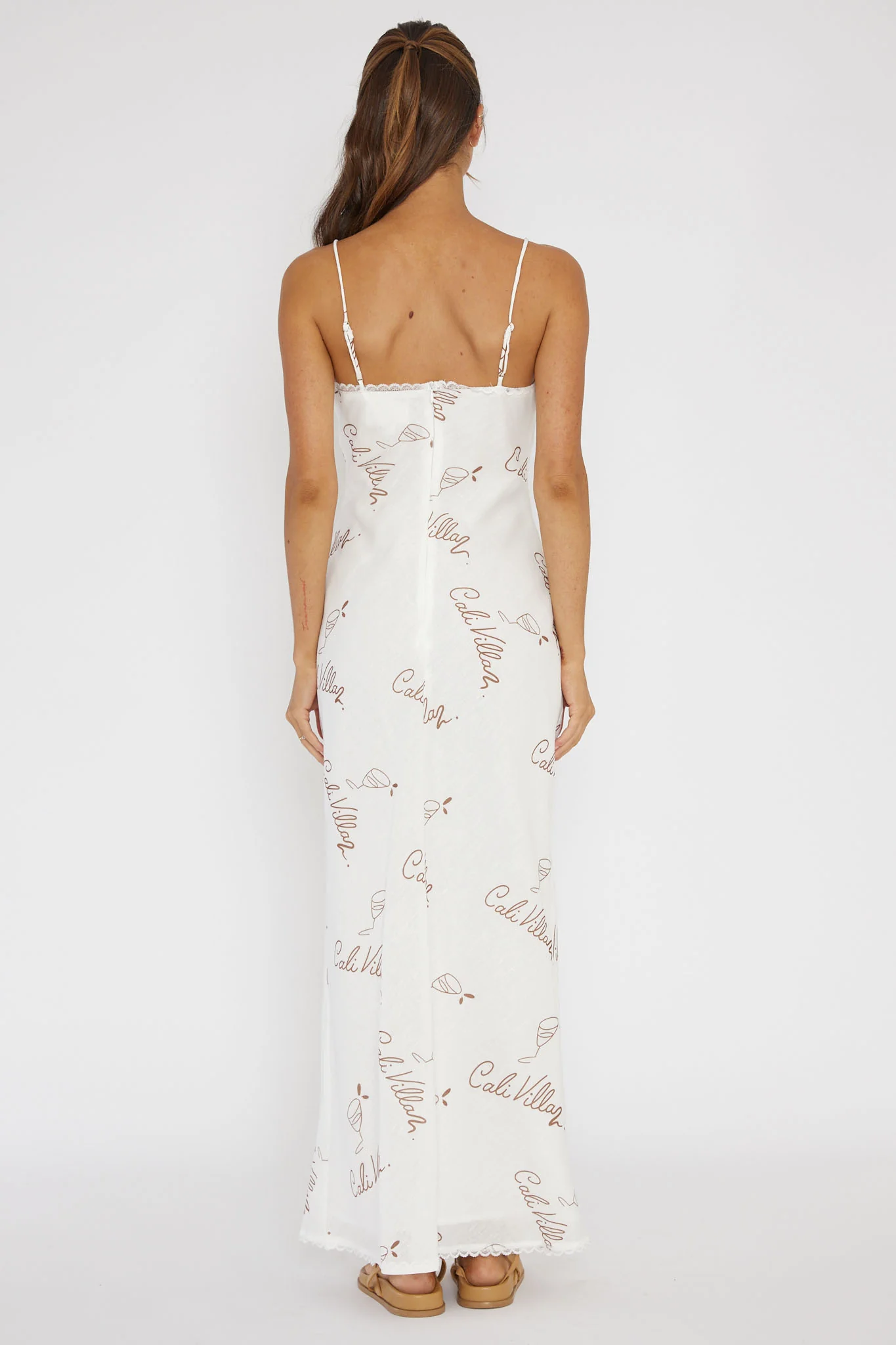 Cali Sunset Lace Trim Maxi Dress Print Tan - Seraphlike