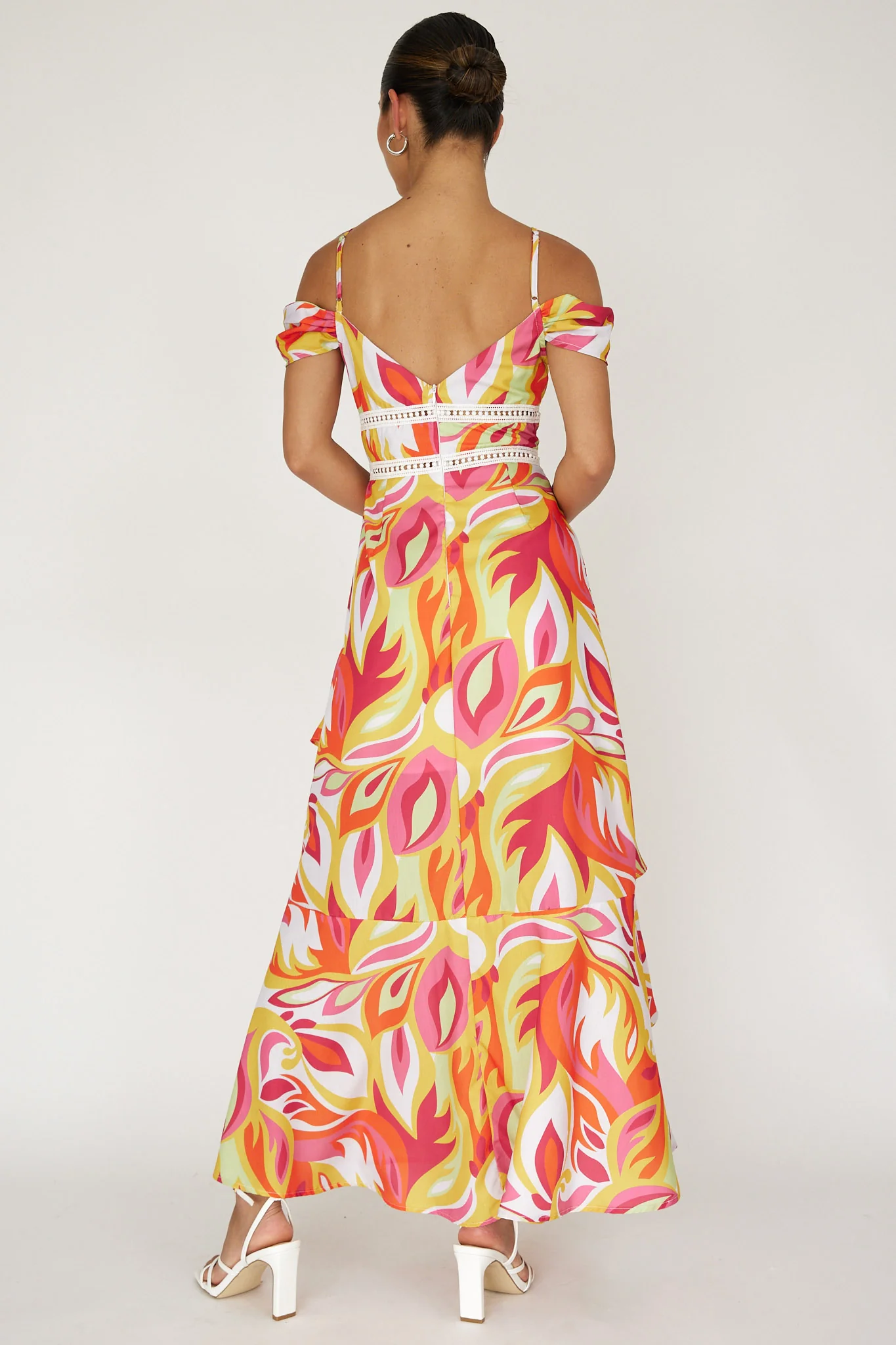 Seina Off-Shoulder Crochet Trim Dress Print Orange - Seraphlike